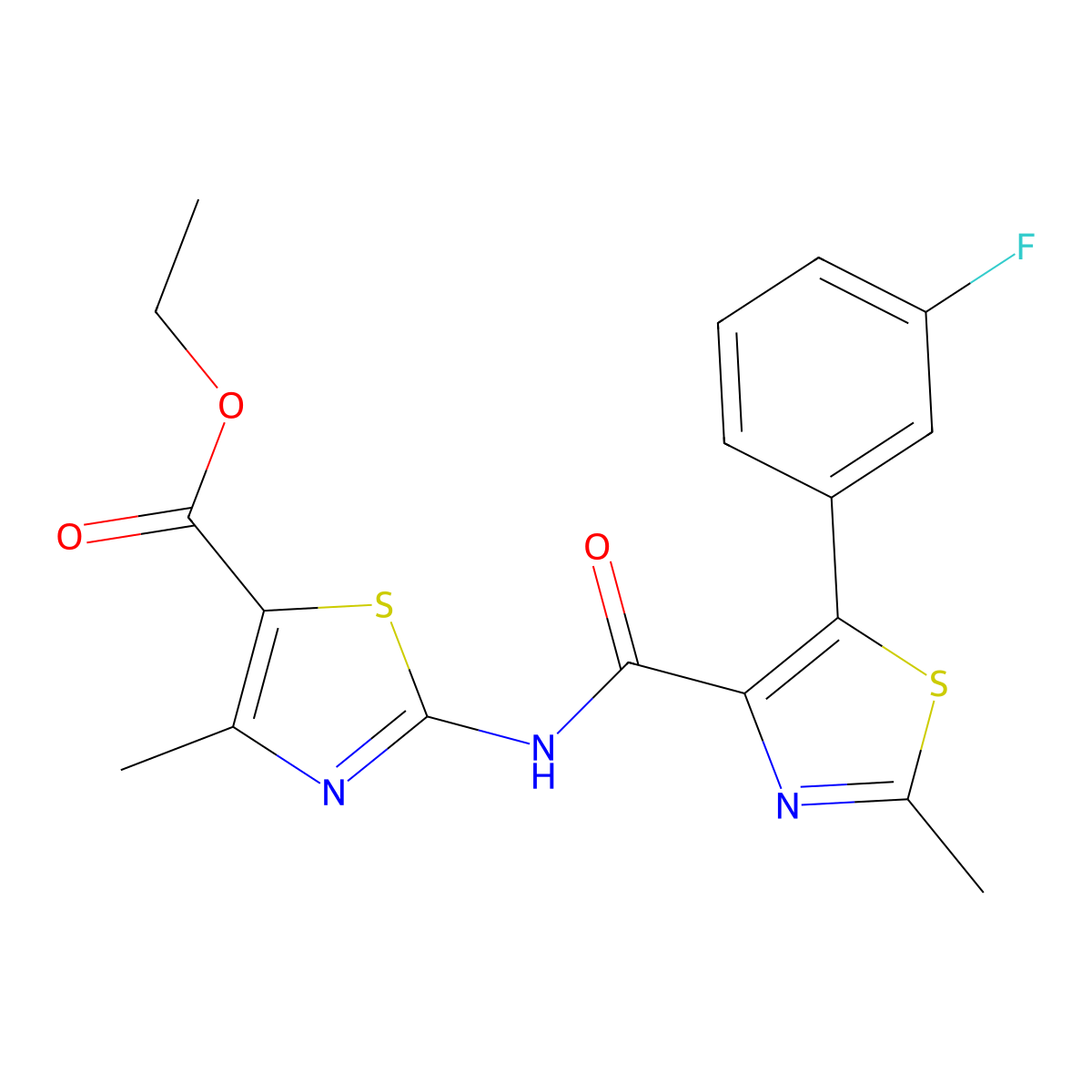 Ethyl 2-({[5-(3-fluorophenyl)-2-methyl-1,3-thiazol-4-yl]carbonyl}amino)-4-methyl-1,3-thiazole-5-carboxylate molecular structure, CAS 1401578-63-9