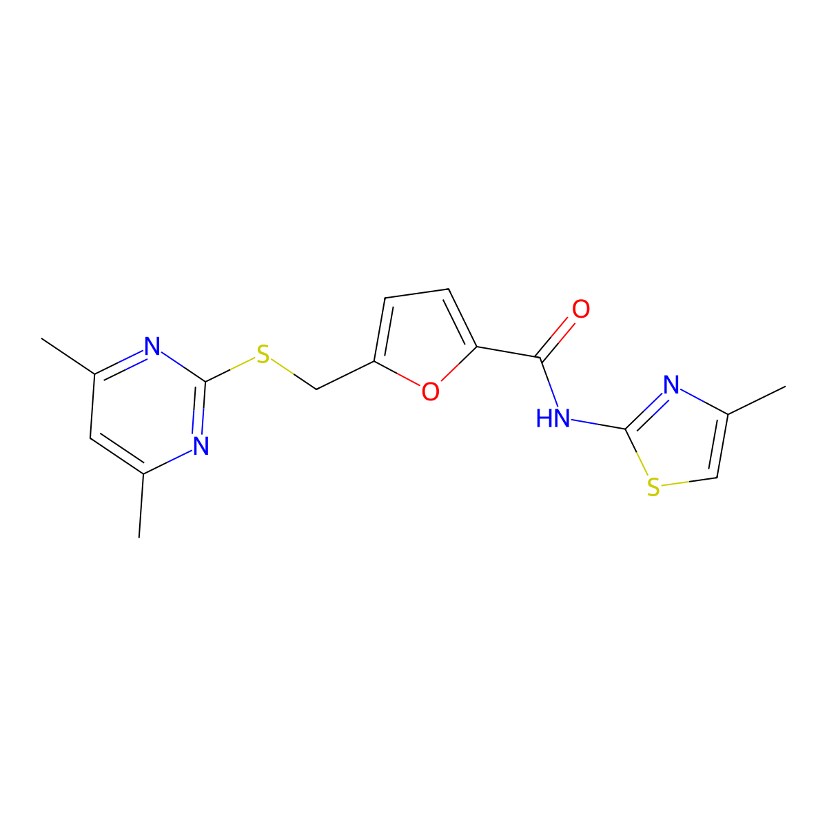 5-(((4,6-dimethylpyrimidin-2-yl)thio)methyl)-N-(4-methylthiazol-2-yl)furan-2-carboxamide molecular structure, CAS 1401579-10-9