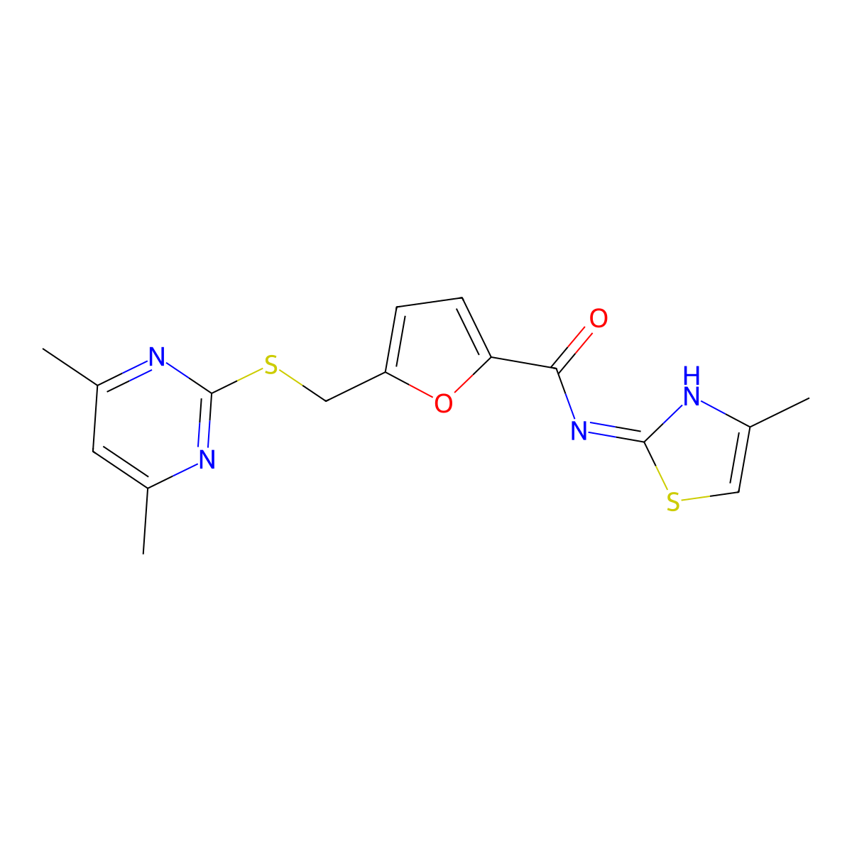 5-(((4,6-dimethylpyrimidin-2-yl)thio)methyl)-N-(4-methylthiazol-2-yl)furan-2-carboxamide molecular structure, CAS 1401579-10-9