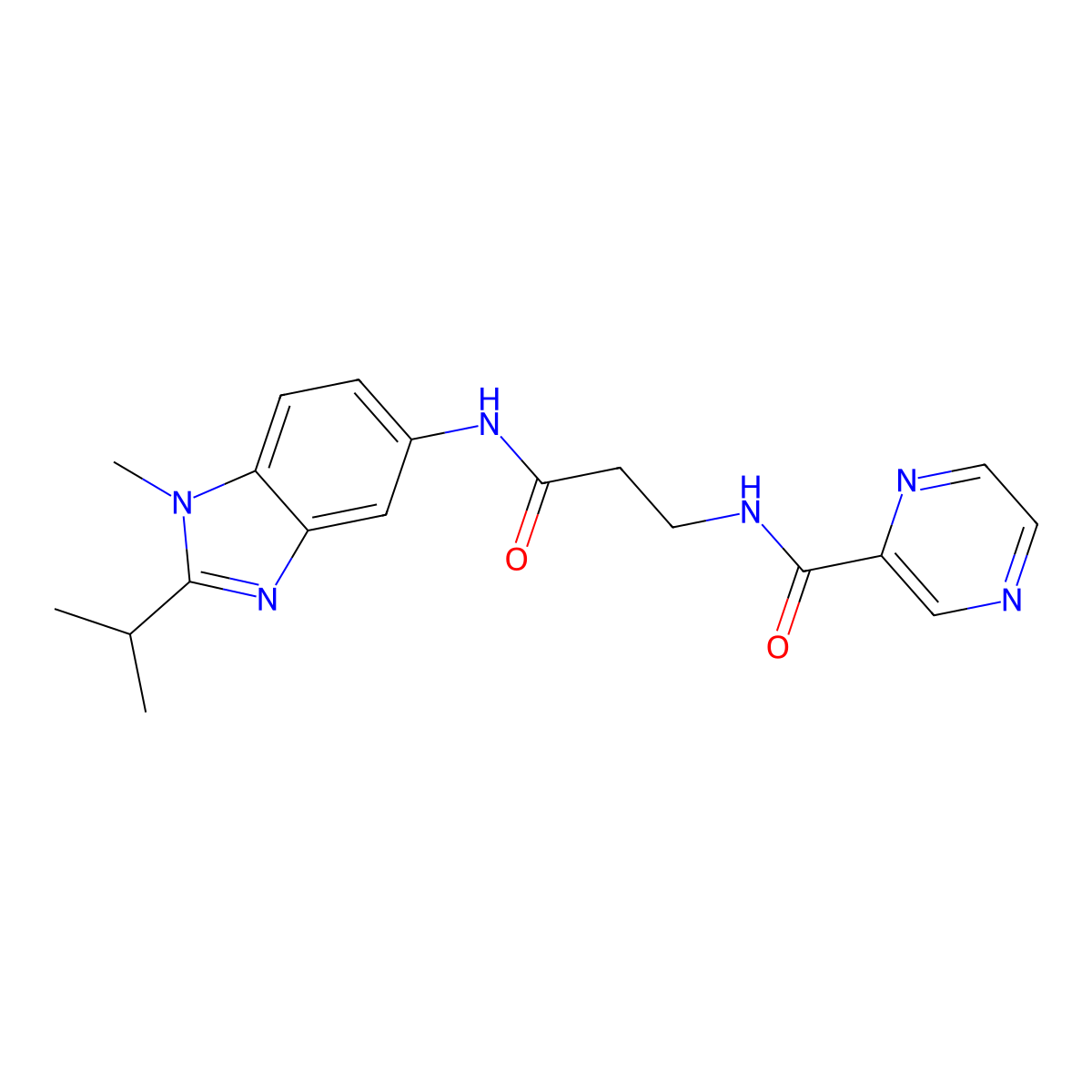 N-(3-{[1-methyl-2-(propan-2-yl)-1H-benzimidazol-5-yl]amino}-3-oxopropyl)pyrazine-2-carboxamide molecular structure, CAS 1401579-12-1
