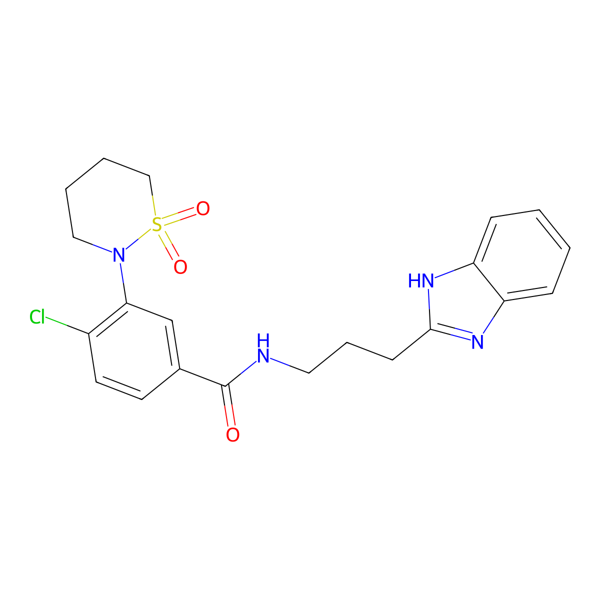 N-(3-(1H-benzo[d]imidazol-2-yl)propyl)-4-chloro-3-(1,1-dioxido-1,2-thiazinan-2-yl)benzamide molecular structure, CAS 1401579-47-2