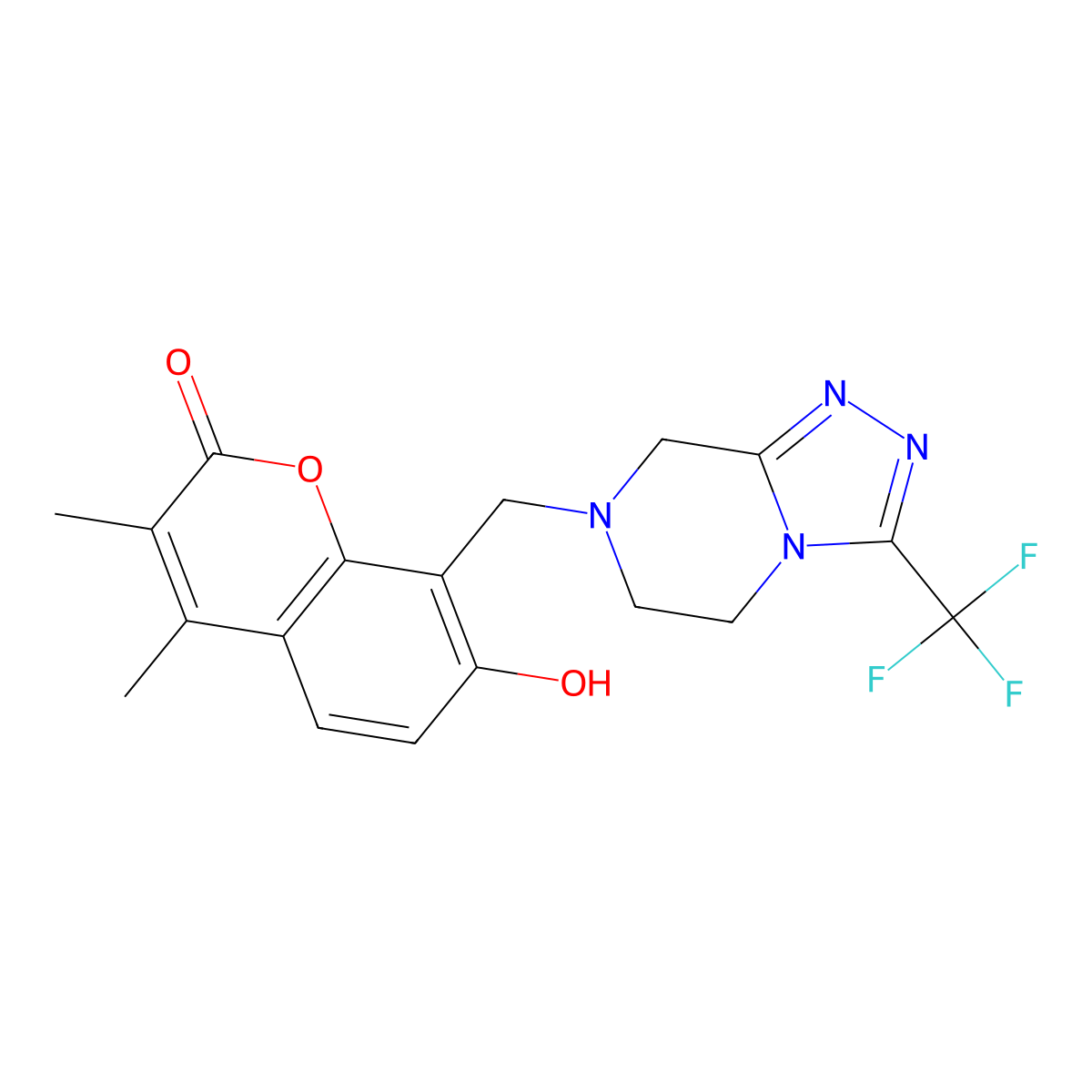 7-hydroxy-3,4-dimethyl-8-{[3-(trifluoromethyl)-5,6-dihydro[1,2,4]triazolo[4,3-a]pyrazin-7(8H)-yl]methyl}-2H-chromen-2-one molecular structure, CAS 1401579-72-3