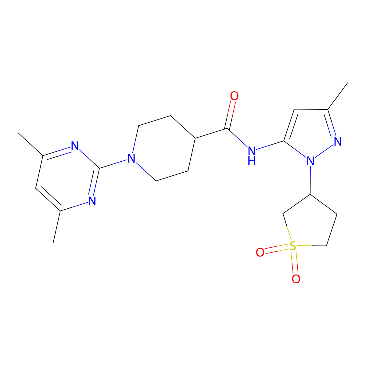 1-(4,6-dimethylpyrimidin-2-yl)-N-[1-(1,1-dioxidotetrahydrothiophen-3-yl)-3-methyl-1H-pyrazol-5-yl]piperidine-4-carboxamide molecular structure, CAS 1401579-84-7