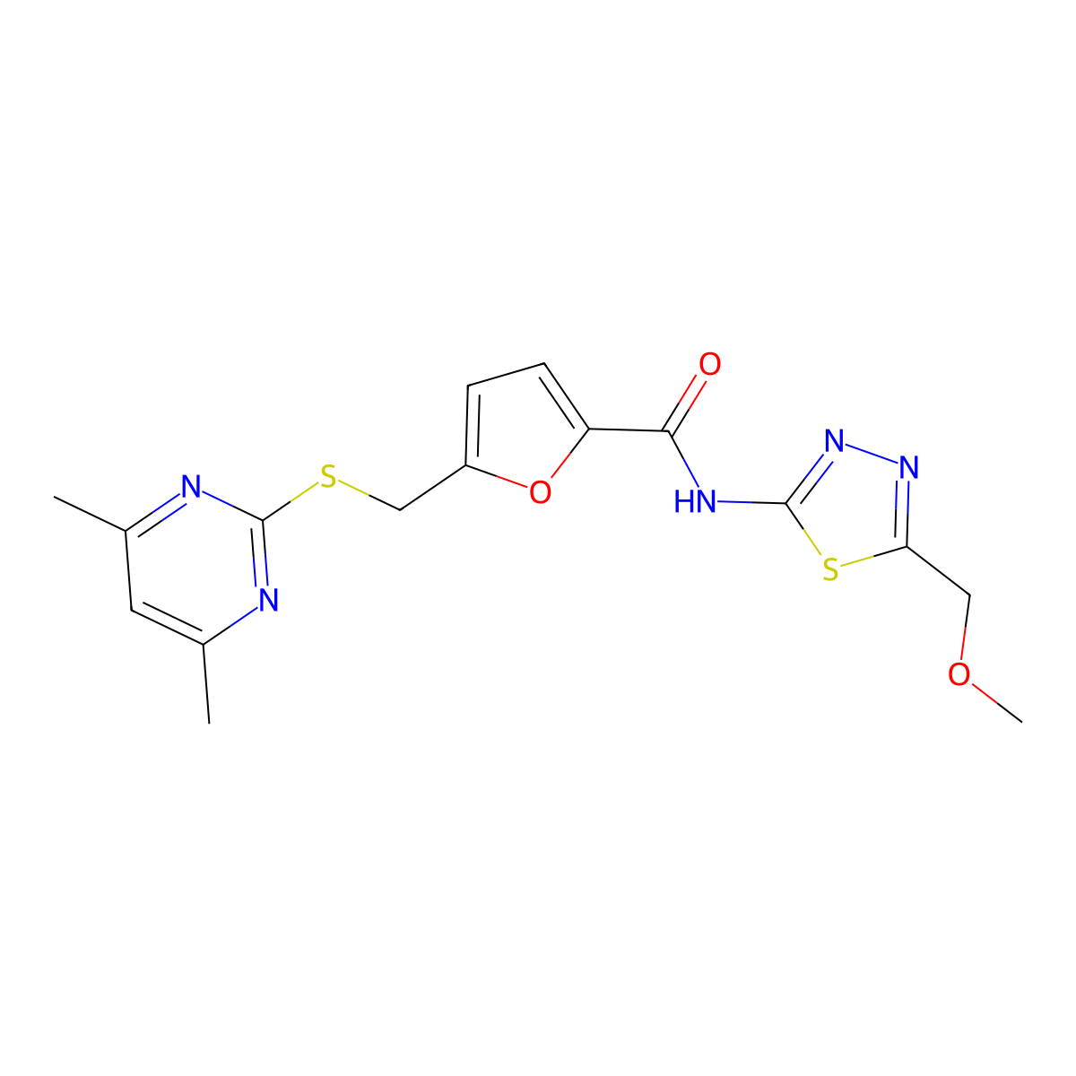 5-(((4,6-dimethylpyrimidin-2-yl)thio)methyl)-N-(5-(methoxymethyl)-1,3,4-thiadiazol-2-yl)furan-2-carboxamide molecular structure, CAS 1401580-44-6