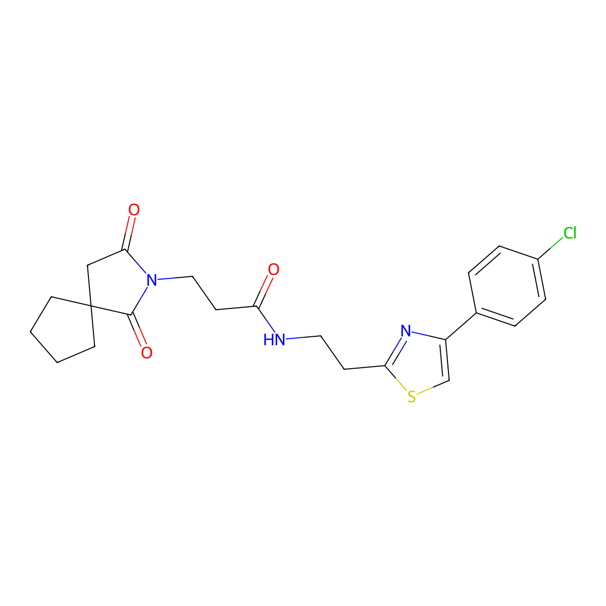 N-{2-[4-(4-chlorophenyl)-1,3-thiazol-2-yl]ethyl}-3-(1,3-dioxo-2-azaspiro[4.4]non-2-yl)propanamide molecular structure, CAS 1401580-61-7