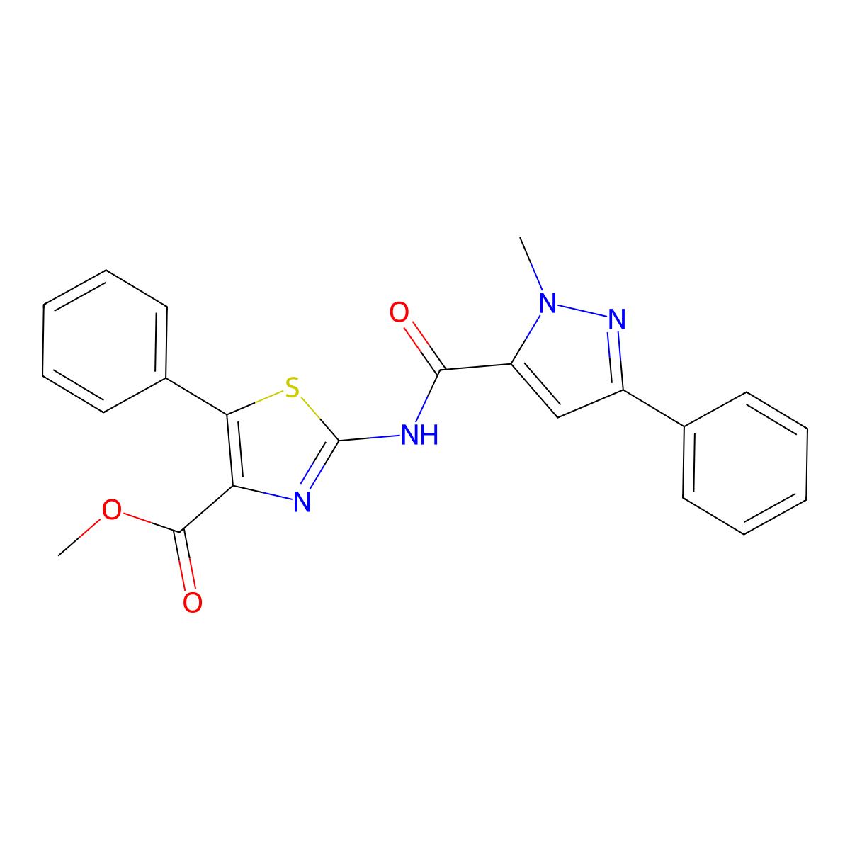 methyl 2-{[(1-methyl-3-phenyl-1H-pyrazol-5-yl)carbonyl]amino}-5-phenyl-1,3-thiazole-4-carboxylate molecular structure, CAS 1401581-67-6