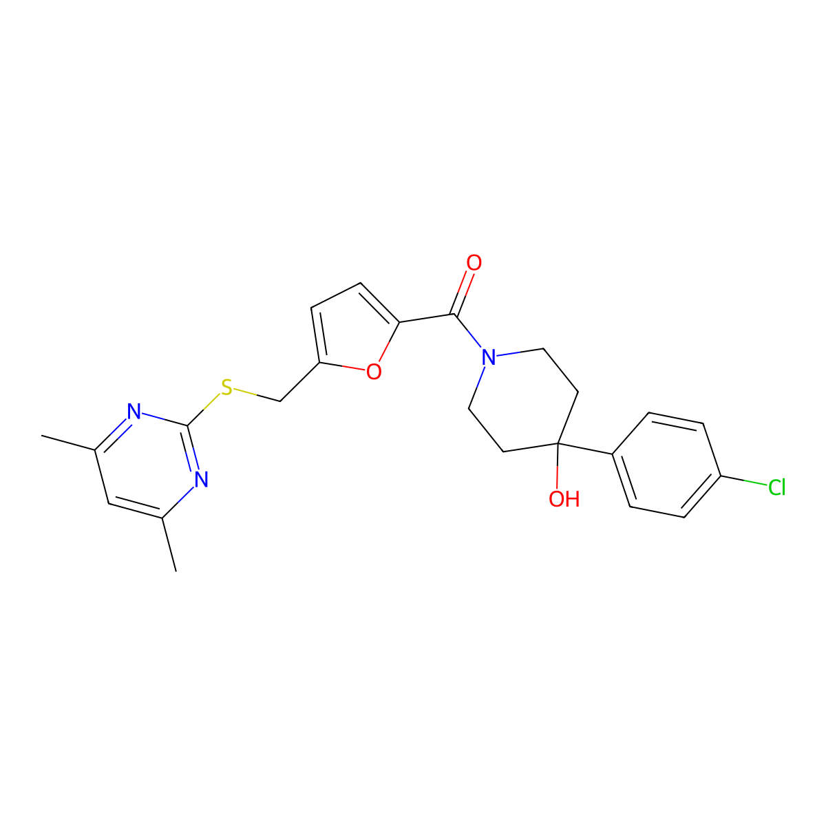 [4-(4-Chlorophenyl)-4-hydroxypiperidin-1-yl](5-{[(4,6-dimethylpyrimidin-2-yl)sulfanyl]methyl}furan-2-yl)methanone molecular structure, CAS 1401582-98-6