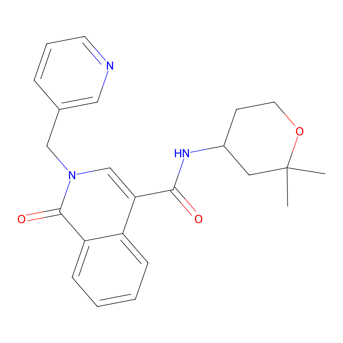 N-(2,2-dimethyltetrahydro-2H-pyran-4-yl)-1-oxo-2-(pyridin-3-ylmethyl)-1,2-dihydroisoquinoline-4-carboxamide molecular structure, CAS 1401583-62-7