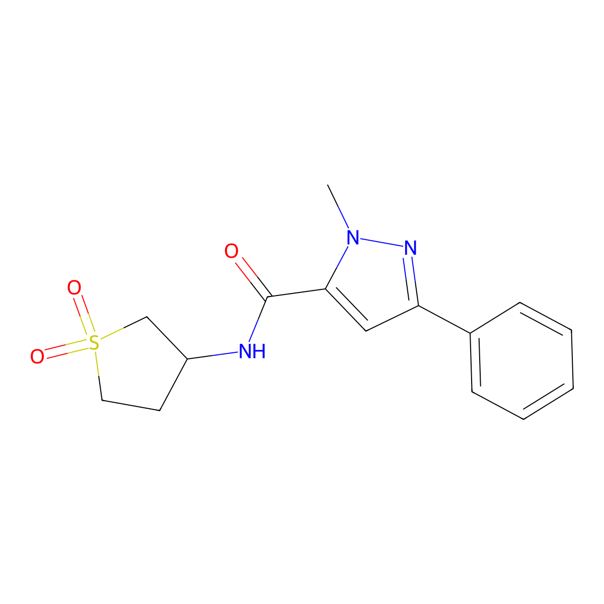 N-(1,1-dioxidotetrahydrothiophen-3-yl)-1-methyl-3-phenyl-1H-pyrazole-5-carboxamide molecular structure, CAS 1401584-46-0