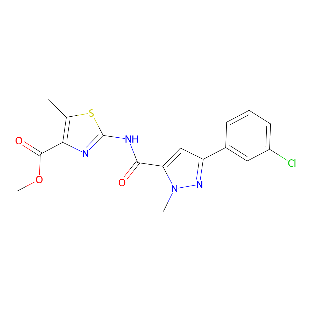 methyl 2-({[3-(3-chlorophenyl)-1-methyl-1H-pyrazol-5-yl]carbonyl}amino)-5-methyl-1,3-thiazole-4-carboxylate molecular structure, CAS 1401584-58-4