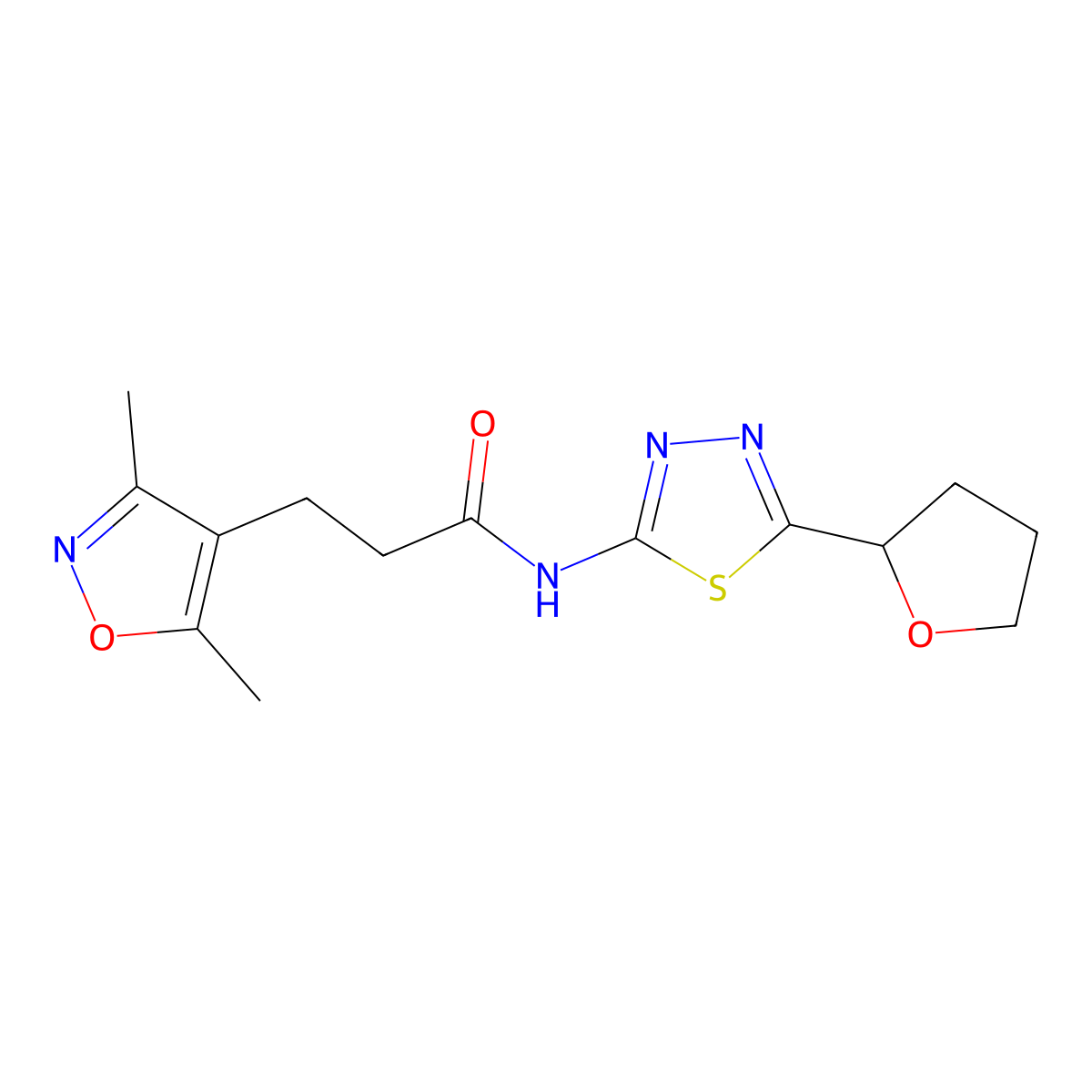 3-(3,5-dimethylisoxazol-4-yl)-N-(5-(tetrahydrofuran-2-yl)-1,3,4-thiadiazol-2-yl)propanamide molecular structure, CAS 1401584-63-1