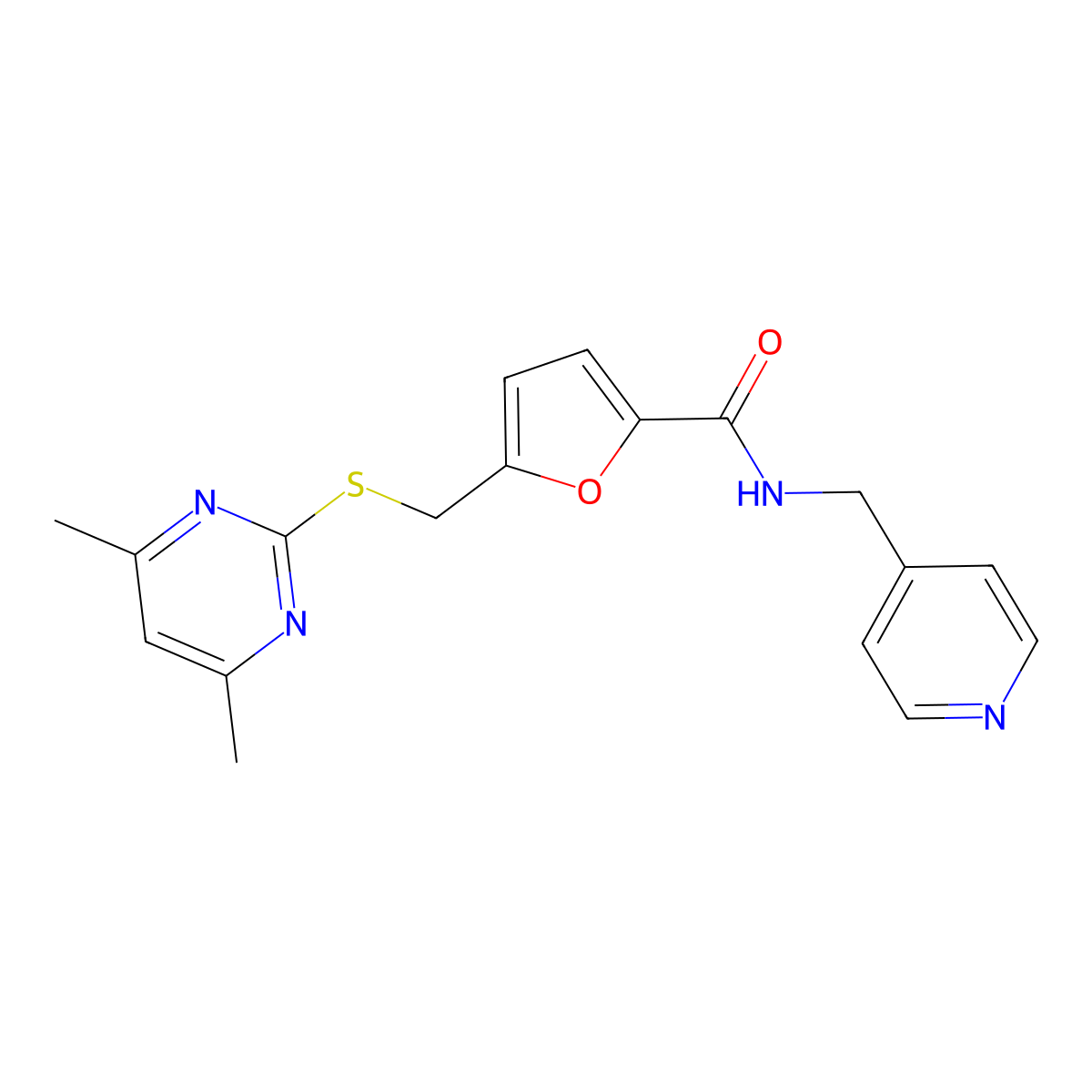 5-{[(4,6-dimethylpyrimidin-2-yl)sulfanyl]methyl}-N-(pyridin-4-ylmethyl)furan-2-carboxamide molecular structure, CAS 1401584-75-5