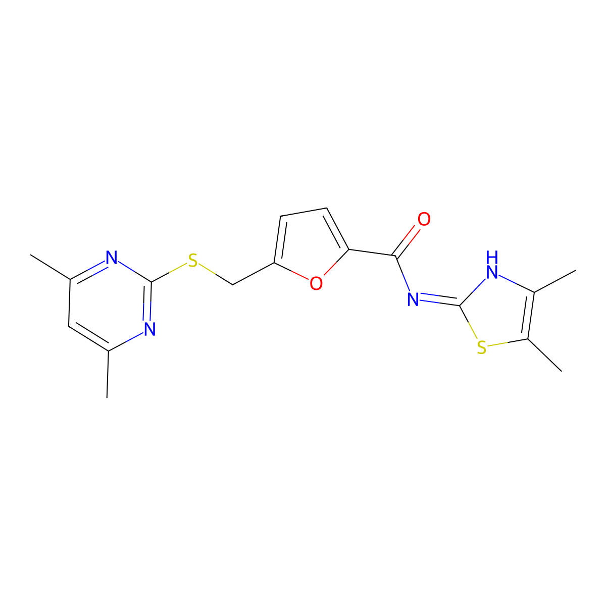 5-(((4,6-dimethylpyrimidin-2-yl)thio)methyl)-N-(4,5-dimethylthiazol-2-yl)furan-2-carboxamide molecular structure, CAS 1401585-58-7