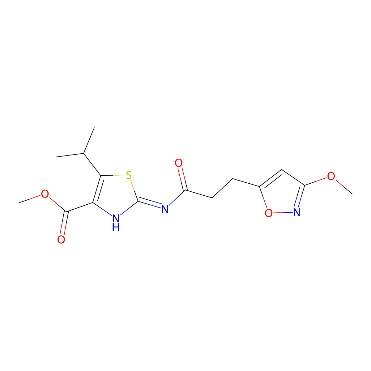 Methyl 2-{[3-(3-methoxy-1,2-oxazol-5-yl)propanoyl]amino}-5-(propan-2-yl)-1,3-thiazole-4-carboxylate molecular structure, CAS 1401585-64-5