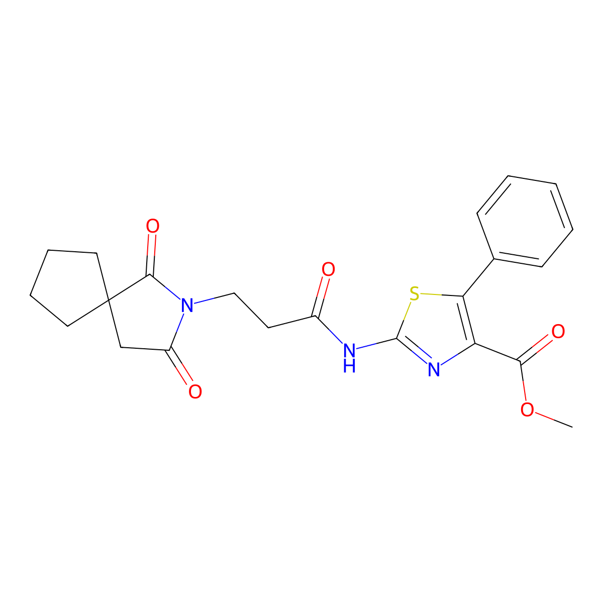 Methyl 2-{[3-(1,3-dioxo-2-azaspiro[4.4]non-2-yl)propanoyl]amino}-5-phenyl-1,3-thiazole-4-carboxylate molecular structure, CAS 1401586-37-5