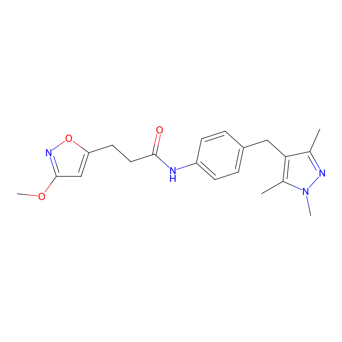 3-(3-methoxy-1,2-oxazol-5-yl)-N-{4-[(1,3,5-trimethyl-1H-pyrazol-4-yl)methyl]phenyl}propanamide molecular structure, CAS 1401586-49-9