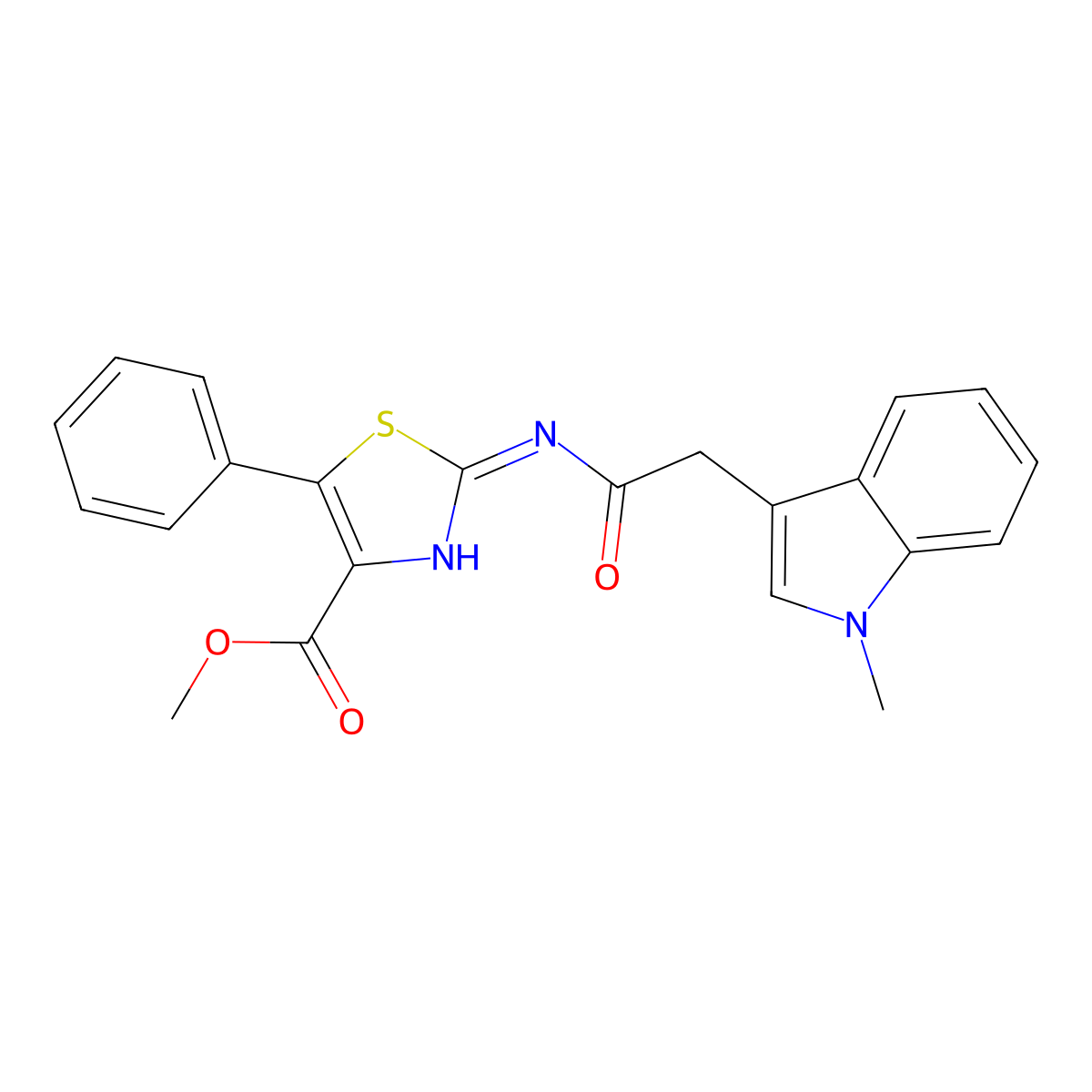 methyl (2E)-2-{[(1-methyl-1H-indol-3-yl)acetyl]imino}-5-phenyl-2,3-dihydro-1,3-thiazole-4-carboxylate molecular structure, CAS 1401587-26-5