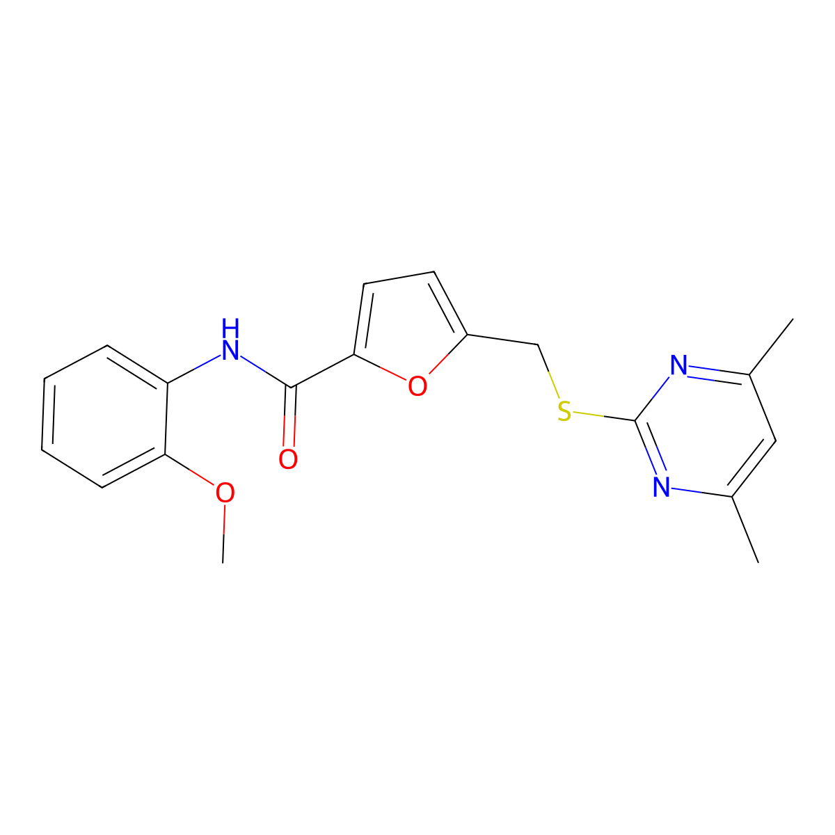 5-{[(4,6-dimethylpyrimidin-2-yl)sulfanyl]methyl}-N-(2-methoxyphenyl)furan-2-carboxamide molecular structure, CAS 1401587-29-8