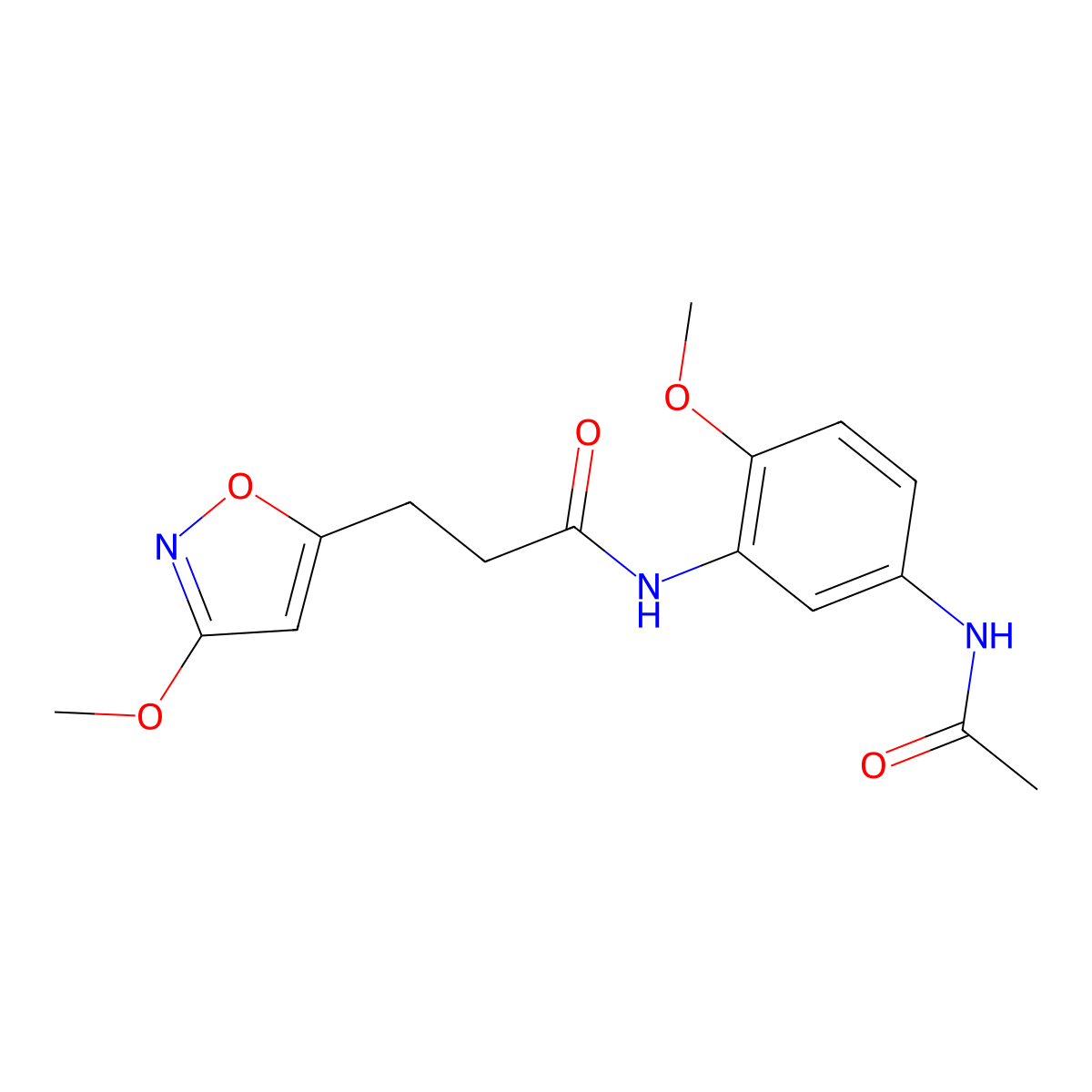 N-[5-(acetylamino)-2-methoxyphenyl]-3-(3-methoxy-1,2-oxazol-5-yl)propanamide molecular structure, CAS 1401587-44-7