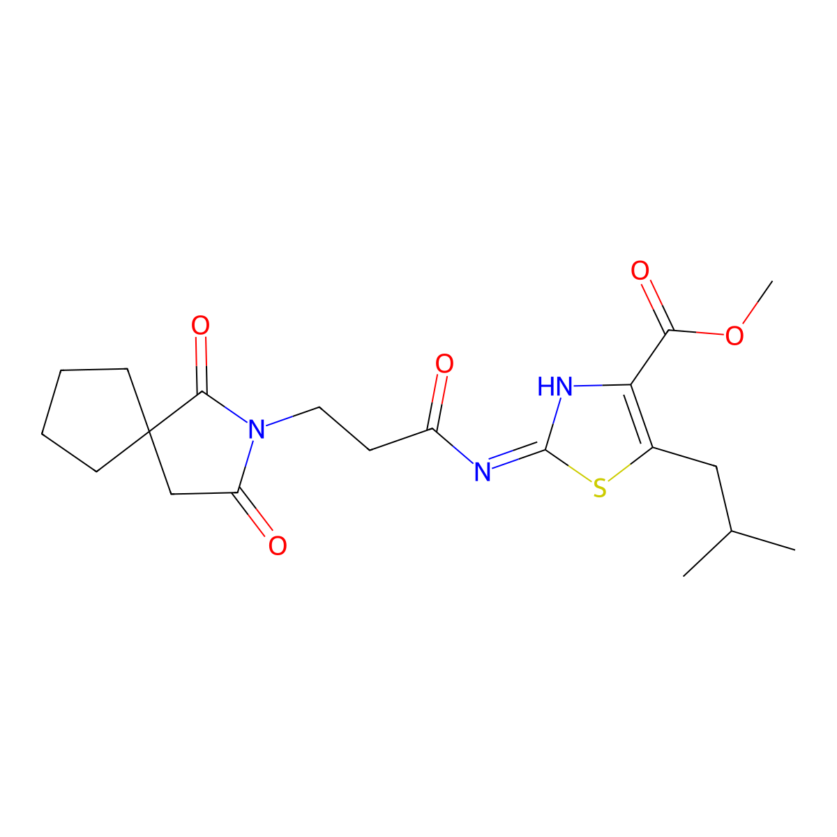 Methyl 2-{[3-(1,3-dioxo-2-azaspiro[4.4]non-2-yl)propanoyl]amino}-5-(2-methylpropyl)-1,3-thiazole-4-carboxylate molecular structure, CAS 1401587-56-1
