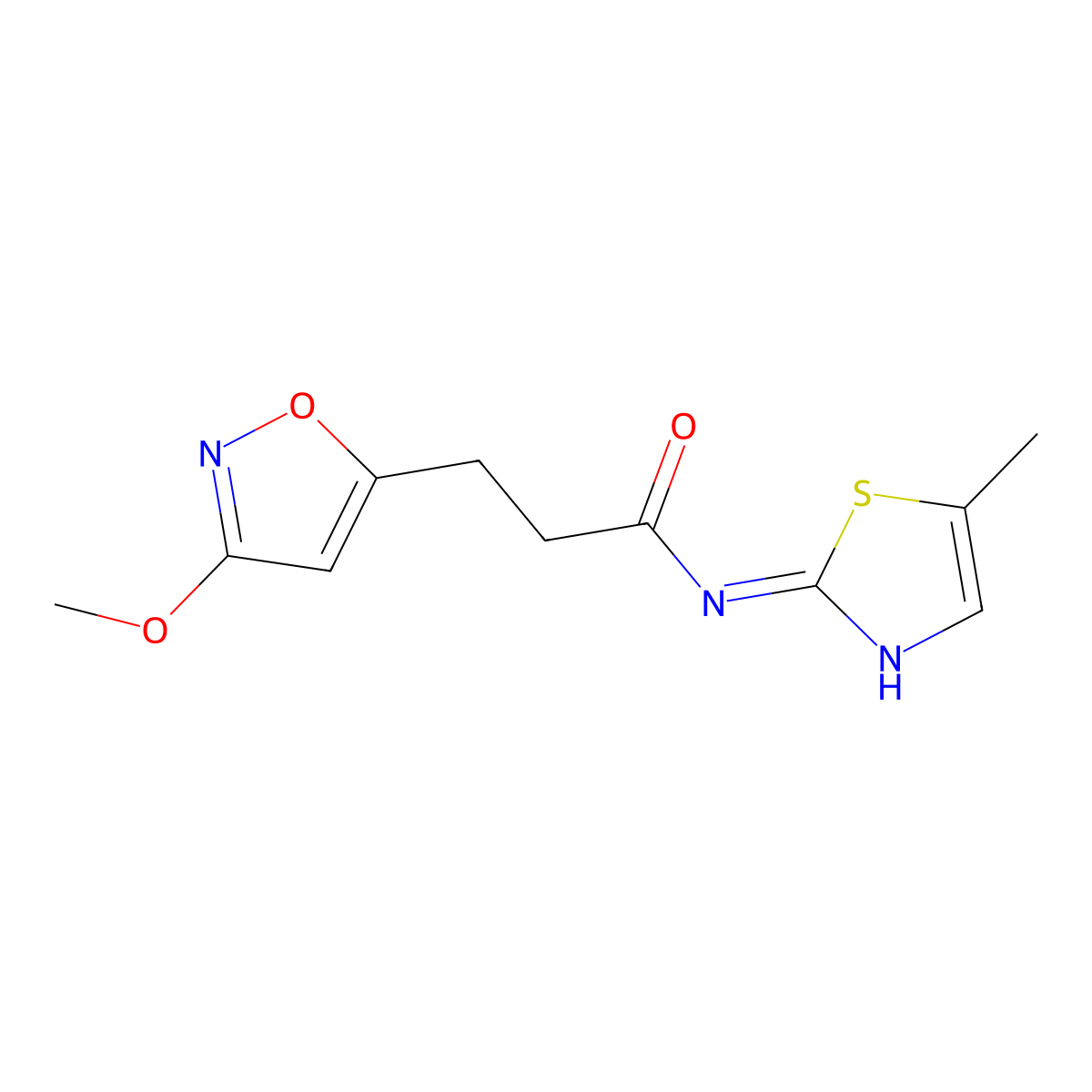 3-(3-methoxy-1,2-oxazol-5-yl)-N-(5-methyl-1,3-thiazol-2-yl)propanamide molecular structure, CAS 1401587-91-4