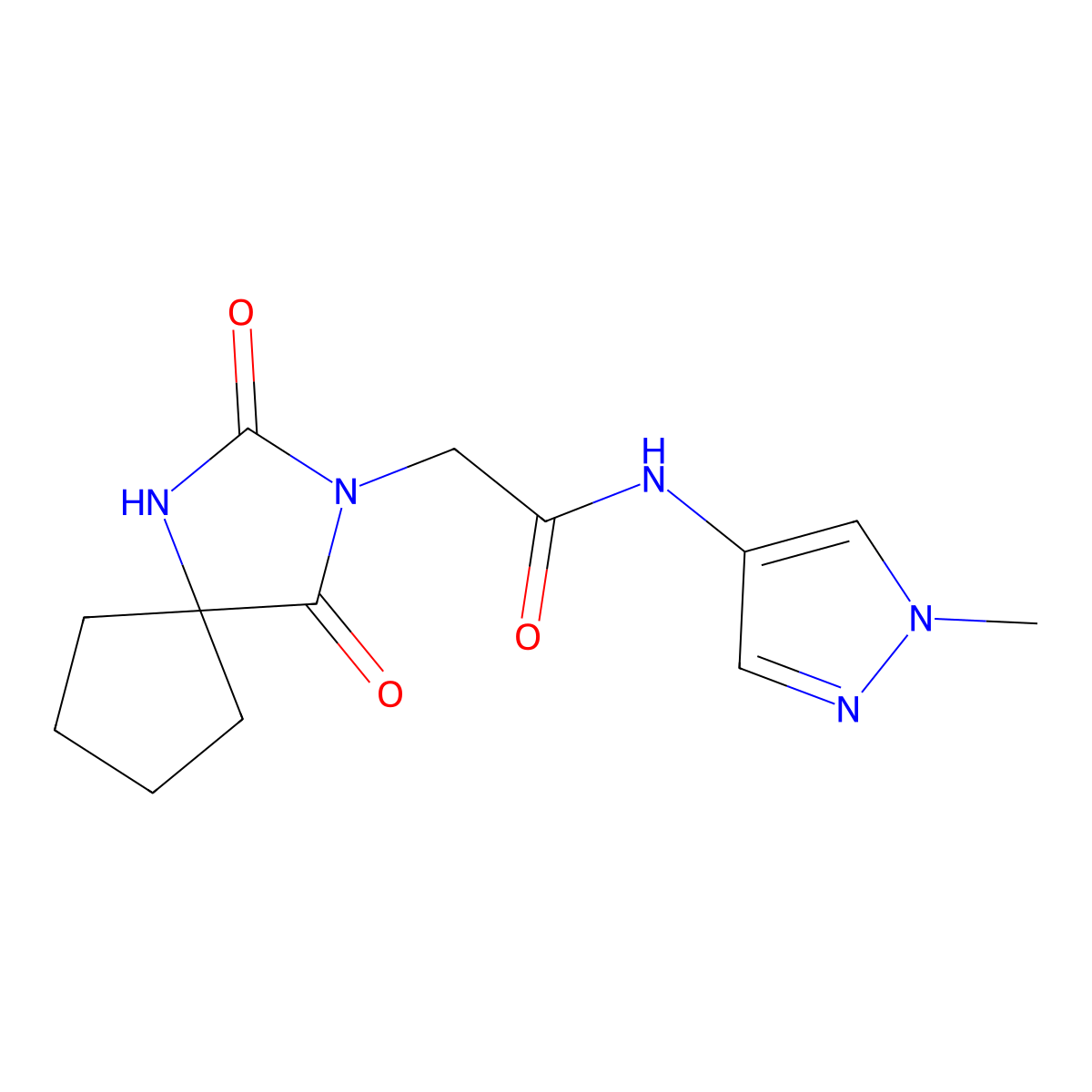 2-(2,4-dioxo-1,3-diazaspiro[4.4]non-3-yl)-N-(1-methyl-1H-pyrazol-4-yl)acetamide molecular structure, CAS 1401587-92-5