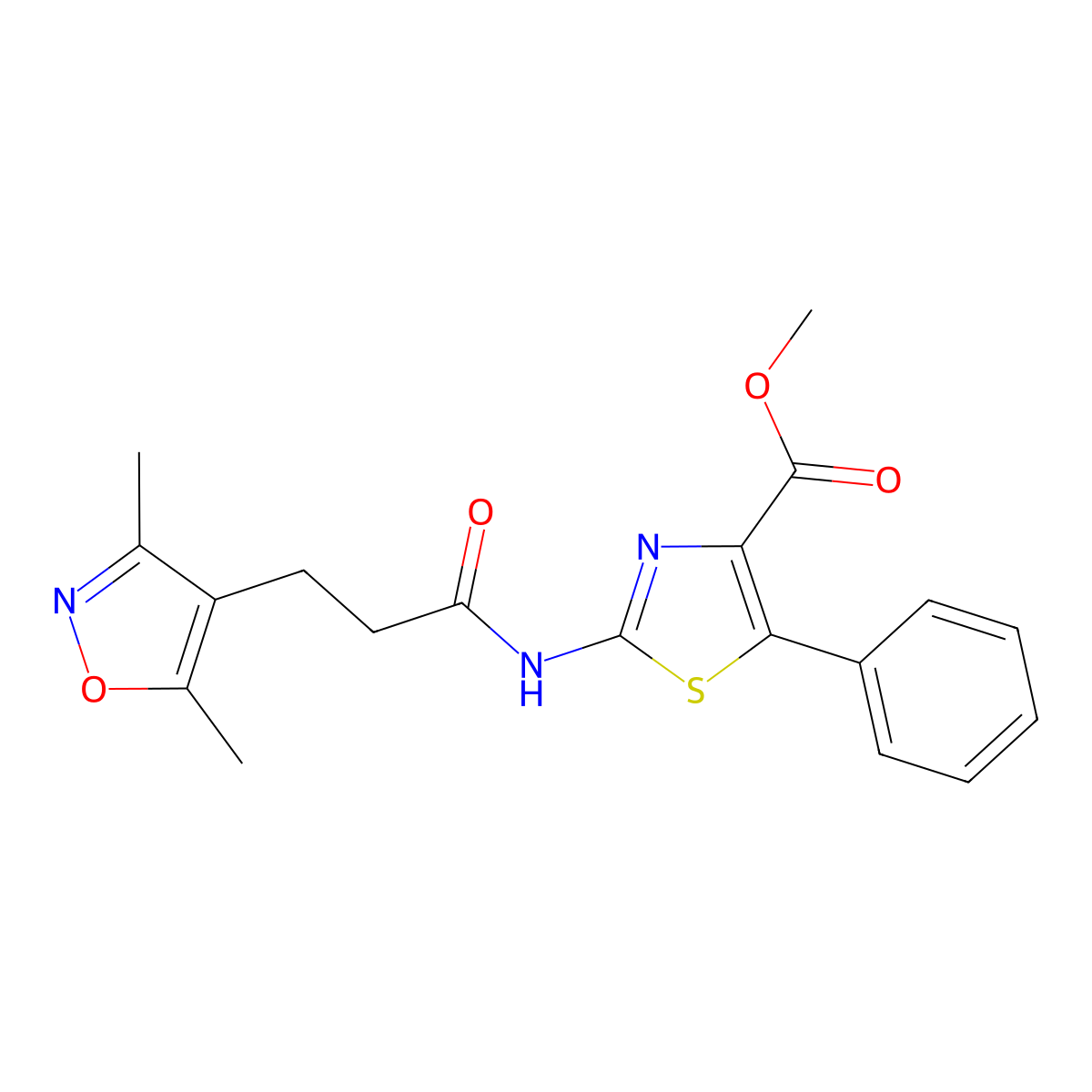 methyl (2Z)-2-{[3-(3,5-dimethyl-1,2-oxazol-4-yl)propanoyl]imino}-5-phenyl-2,3-dihydro-1,3-thiazole-4-carboxylate molecular structure, CAS 1401588-02-0