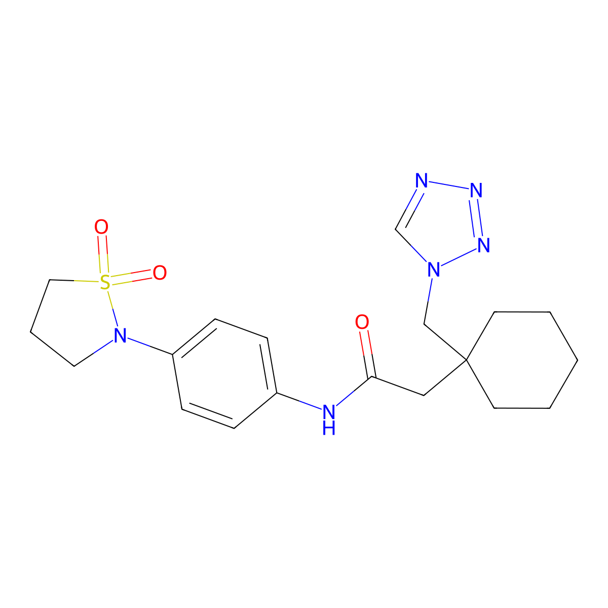 N-[4-(1,1-dioxido-1,2-thiazolidin-2-yl)phenyl]-2-[1-(1H-tetrazol-1-ylmethyl)cyclohexyl]acetamide molecular structure, CAS 1401588-24-6