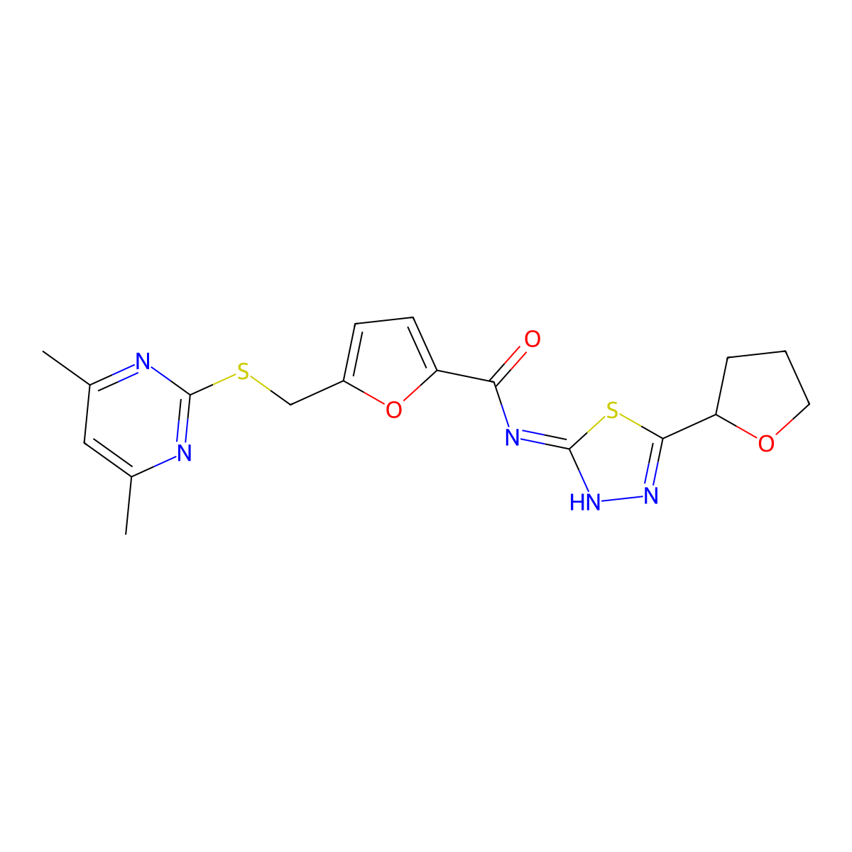 5-{[(4,6-dimethylpyrimidin-2-yl)sulfanyl]methyl}-N-[5-(tetrahydrofuran-2-yl)-1,3,4-thiadiazol-2-yl]furan-2-carboxamide molecular structure, CAS 1401588-46-2