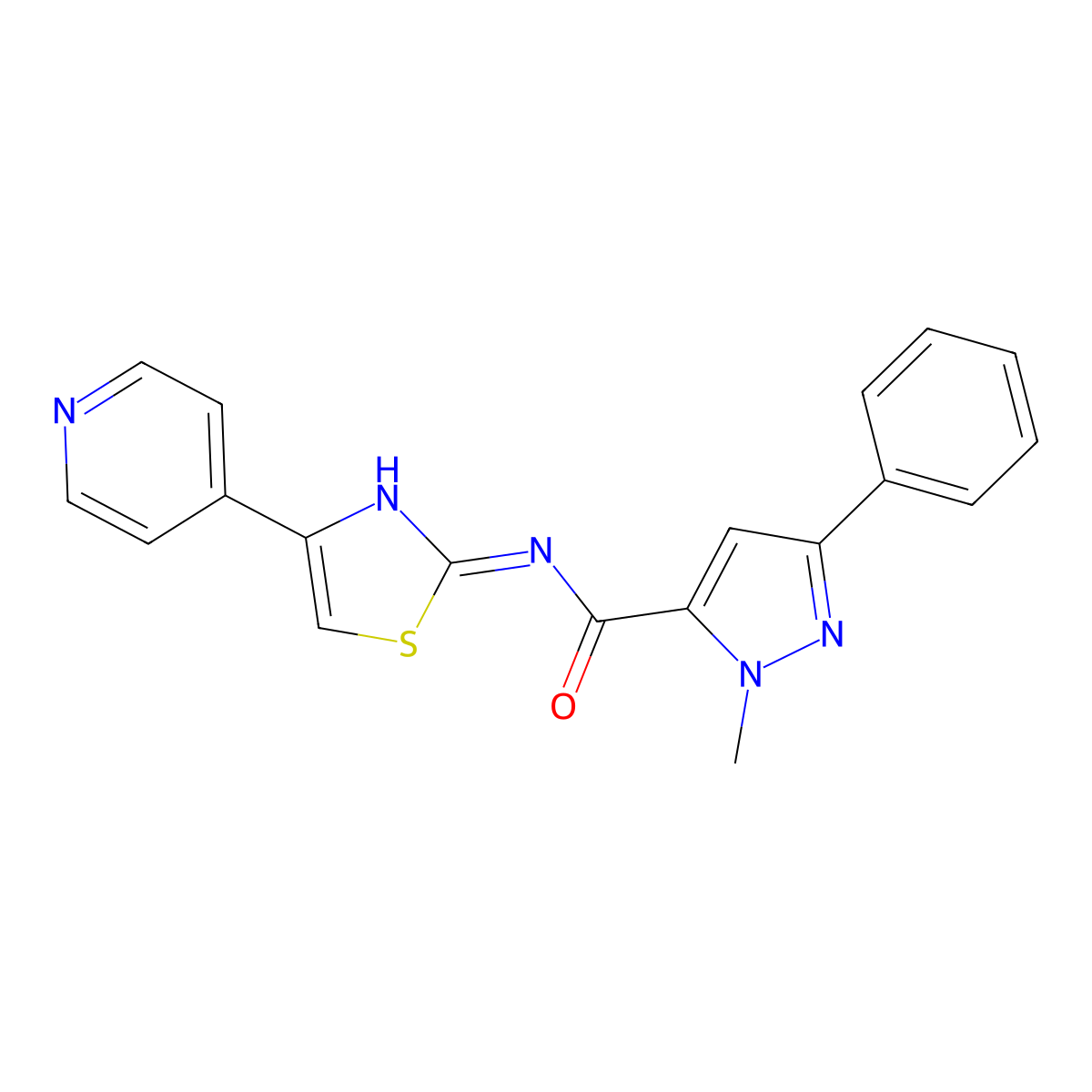 1-methyl-3-phenyl-N-(4-(pyridin-4-yl)thiazol-2-yl)-1H-pyrazole-5-carboxamide molecular structure, CAS 1401589-07-8