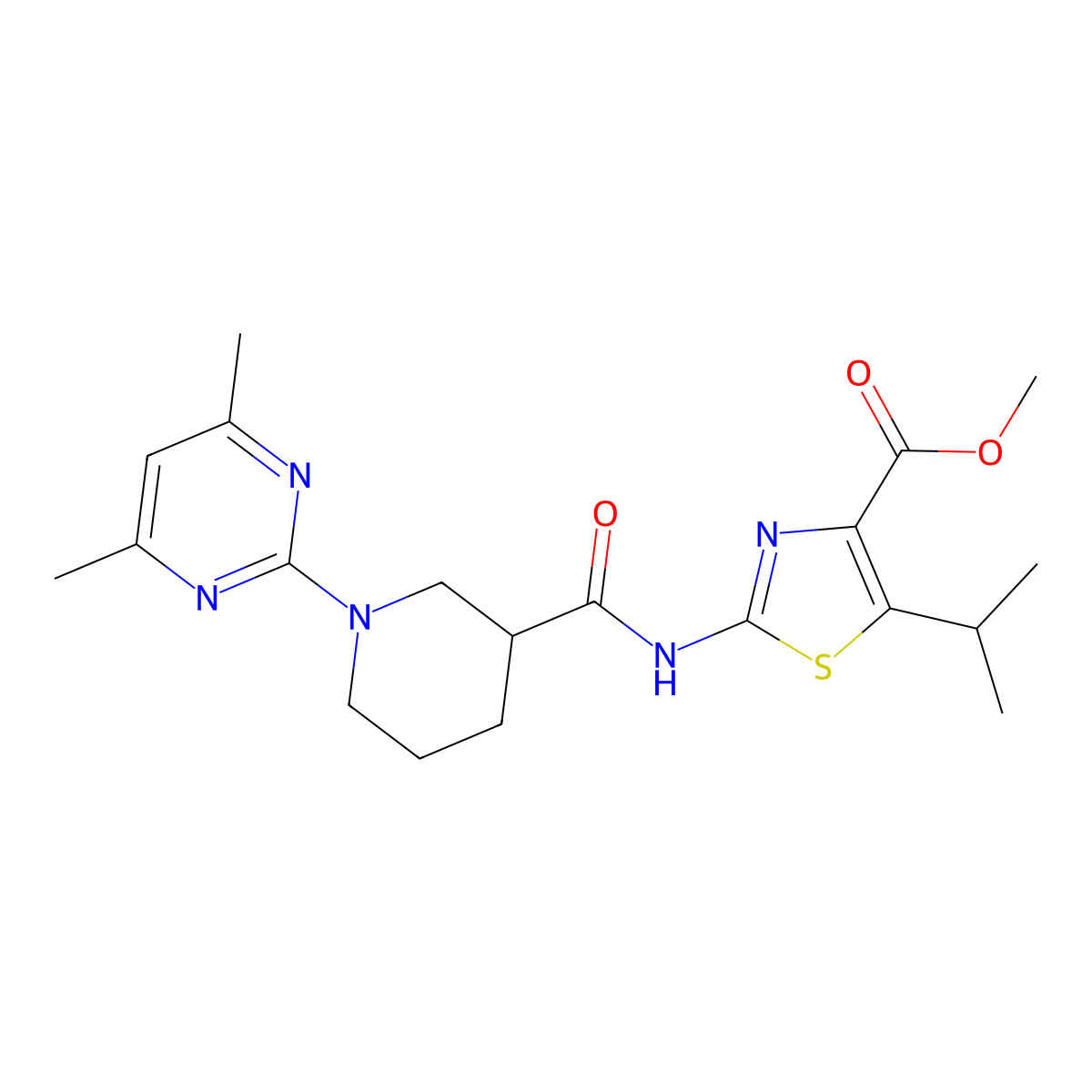 Methyl 2-({[1-(4,6-dimethylpyrimidin-2-yl)piperidin-3-yl]carbonyl}amino)-5-(propan-2-yl)-1,3-thiazole-4-carboxylate molecular structure, CAS 1401589-17-0