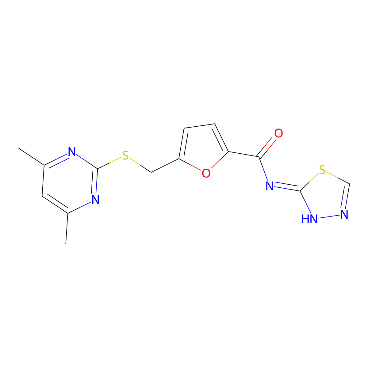 5-(((4,6-dimethylpyrimidin-2-yl)thio)methyl)-N-(1,3,4-thiadiazol-2-yl)furan-2-carboxamide molecular structure, CAS 1401589-43-2