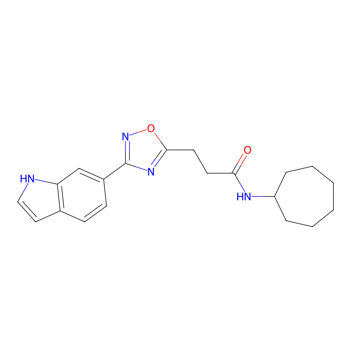 N-cycloheptyl-3-[3-(1H-indol-6-yl)-1,2,4-oxadiazol-5-yl]propanamide molecular structure, CAS 1401589-68-1