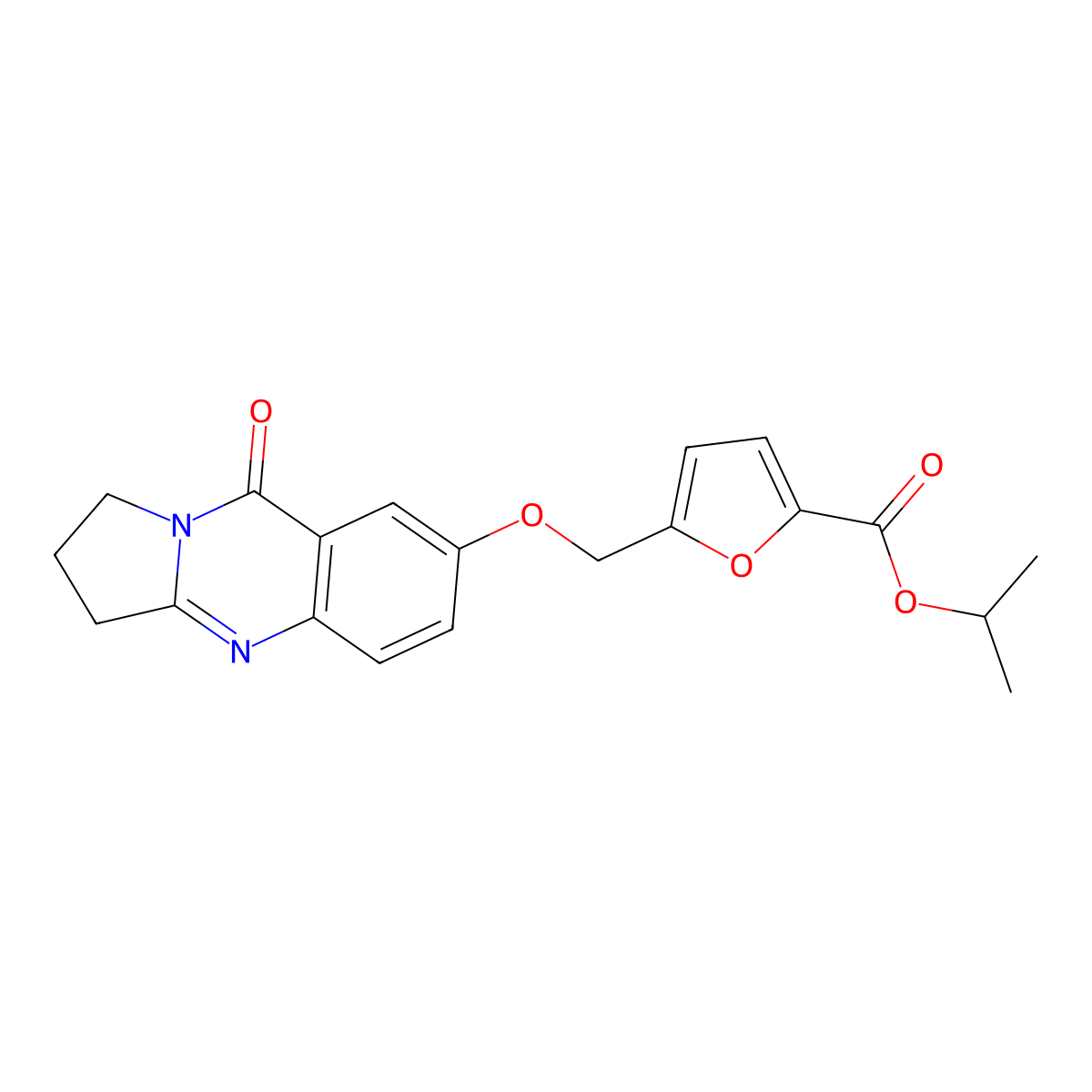 Propan-2-yl 5-{[(9-oxo-1,2,3,9-tetrahydropyrrolo[2,1-b]quinazolin-7-yl)oxy]methyl}furan-2-carboxylate molecular structure, CAS 1401589-89-6