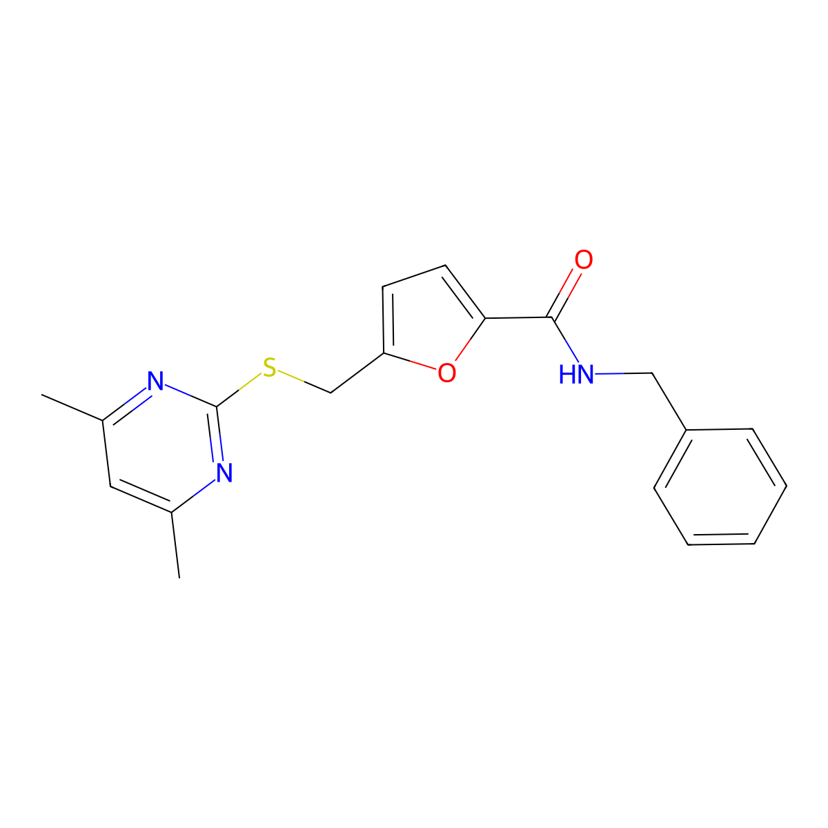 N-benzyl-5-{[(4,6-dimethylpyrimidin-2-yl)sulfanyl]methyl}furan-2-carboxamide molecular structure, CAS 1401590-21-3