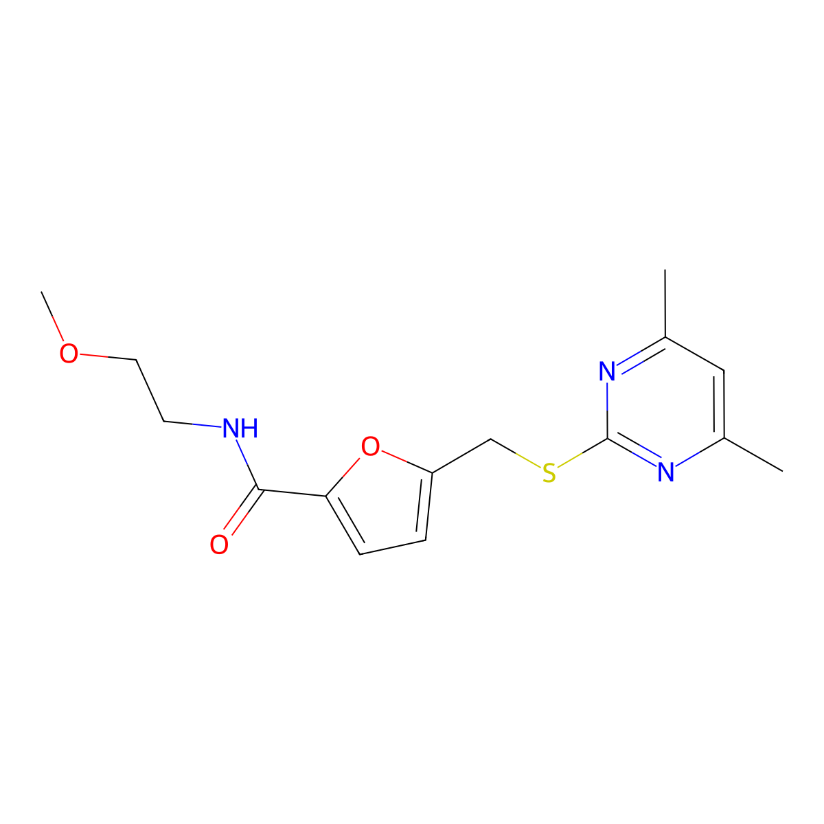 5-{[(4,6-dimethylpyrimidin-2-yl)sulfanyl]methyl}-N-(2-methoxyethyl)furan-2-carboxamide molecular structure, CAS 1401590-36-0