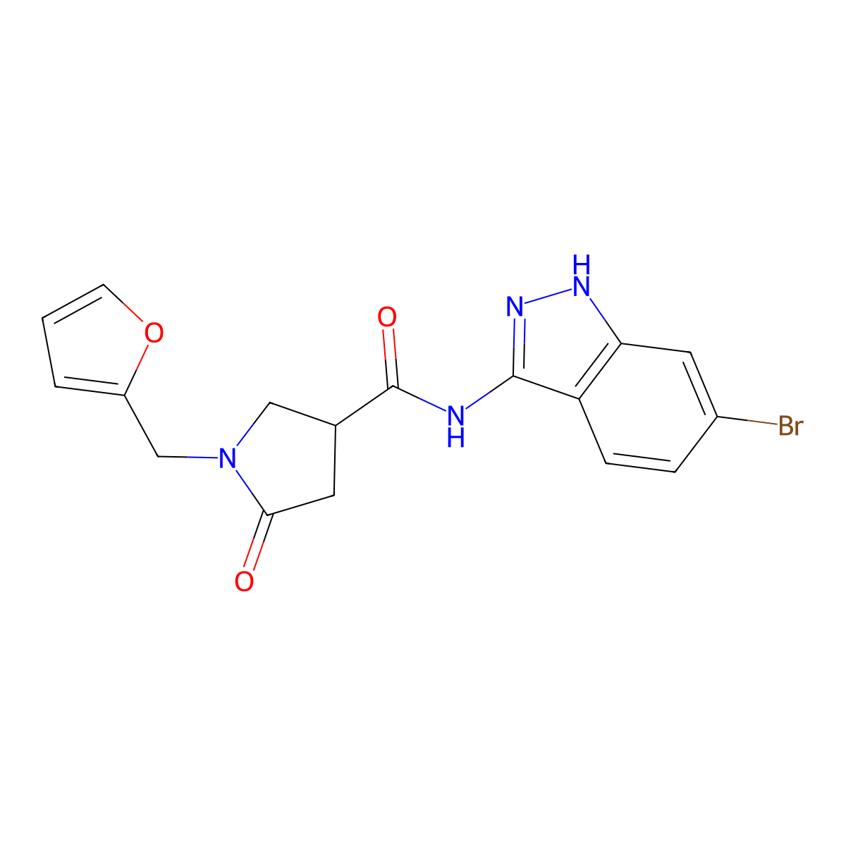 N-(6-bromo-1H-indazol-3-yl)-1-(furan-2-ylmethyl)-5-oxopyrrolidine-3-carboxamide molecular structure, CAS 1401590-38-2