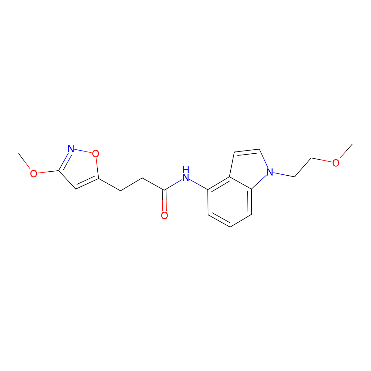 N-[1-(2-methoxyethyl)-1H-indol-4-yl]-3-(3-methoxy-1,2-oxazol-5-yl)propanamide molecular structure, CAS 1401591-13-6