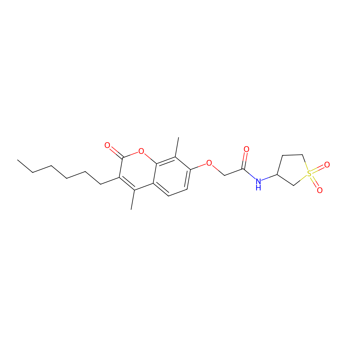 N-(1,1-dioxidotetrahydrothiophen-3-yl)-2-[(3-hexyl-4,8-dimethyl-2-oxo-2H-chromen-7-yl)oxy]acetamide molecular structure, CAS 1401591-23-8