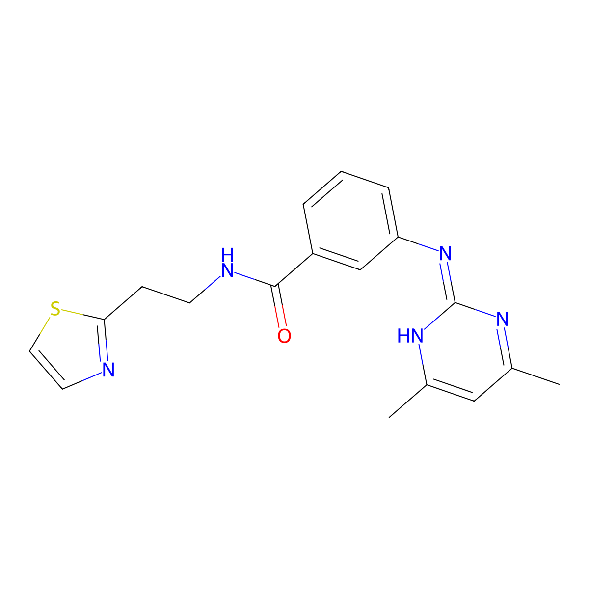 3-((4,6-dimethylpyrimidin-2-yl)amino)-N-(2-(thiazol-2-yl)ethyl)benzamide molecular structure, CAS 1401591-35-2