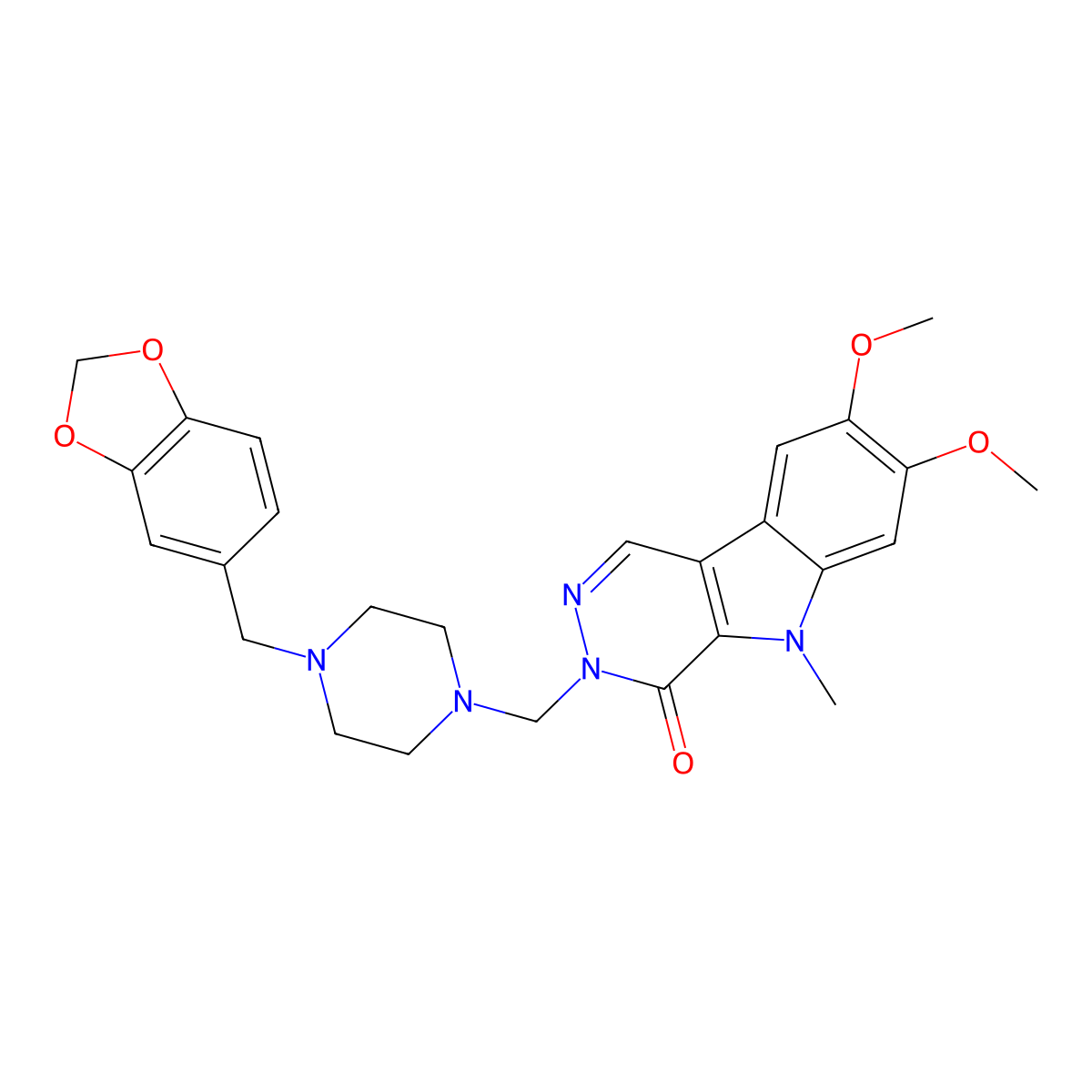 3-{[4-(1,3-benzodioxol-5-ylmethyl)piperazin-1-yl]methyl}-7,8-dimethoxy-5-methyl-3,5-dihydro-4H-pyridazino[4,5-b]indol-4-one molecular structure, CAS 1401591-38-5