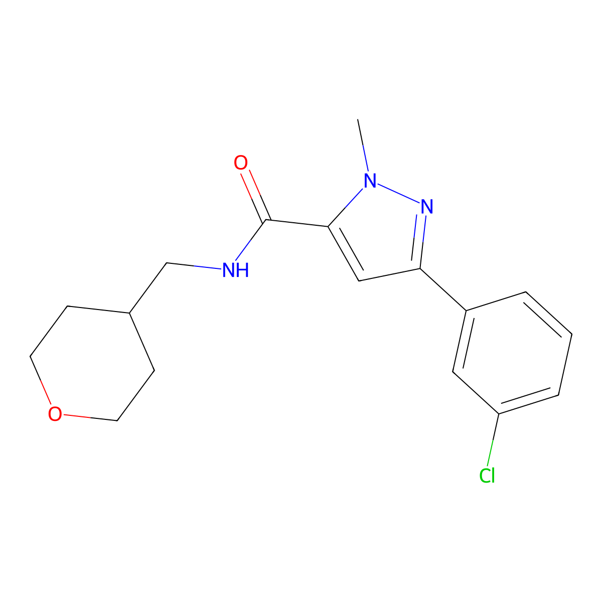 3-(3-chlorophenyl)-1-methyl-N-(tetrahydro-2H-pyran-4-ylmethyl)-1H-pyrazole-5-carboxamide molecular structure, CAS 1401591-41-0