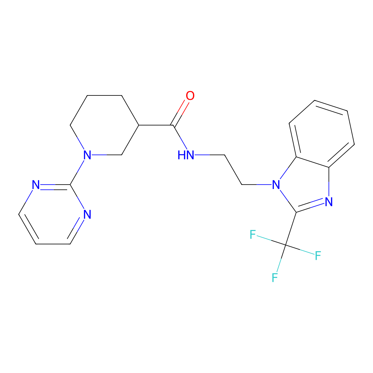 1-(2-pyrimidinyl)-N-{2-[2-(trifluoromethyl)-1H-1,3-benzimidazol-1-yl]ethyl}-3-piperidinecarboxamide molecular structure, CAS 1401591-43-2