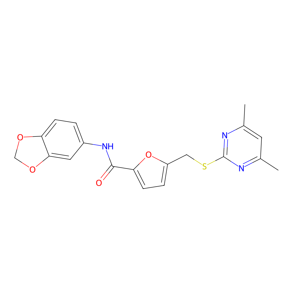 N-(1,3-benzodioxol-5-yl)-5-{[(4,6-dimethylpyrimidin-2-yl)sulfanyl]methyl}furan-2-carboxamide molecular structure, CAS 1401592-01-5
