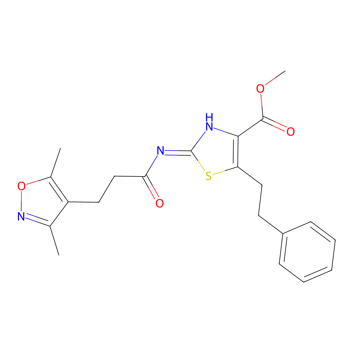 Methyl 2-{[3-(3,5-dimethyl-1,2-oxazol-4-yl)propanoyl]amino}-5-(2-phenylethyl)-1,3-thiazole-4-carboxylate molecular structure, CAS 1401592-02-6