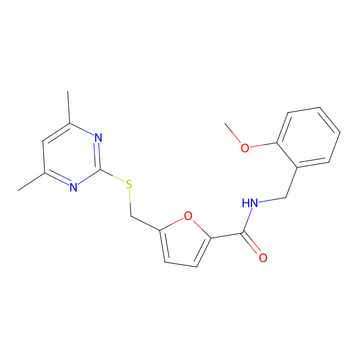 5-{[(4,6-dimethylpyrimidin-2-yl)sulfanyl]methyl}-N-(2-methoxybenzyl)furan-2-carboxamide molecular structure, CAS 1401592-13-9