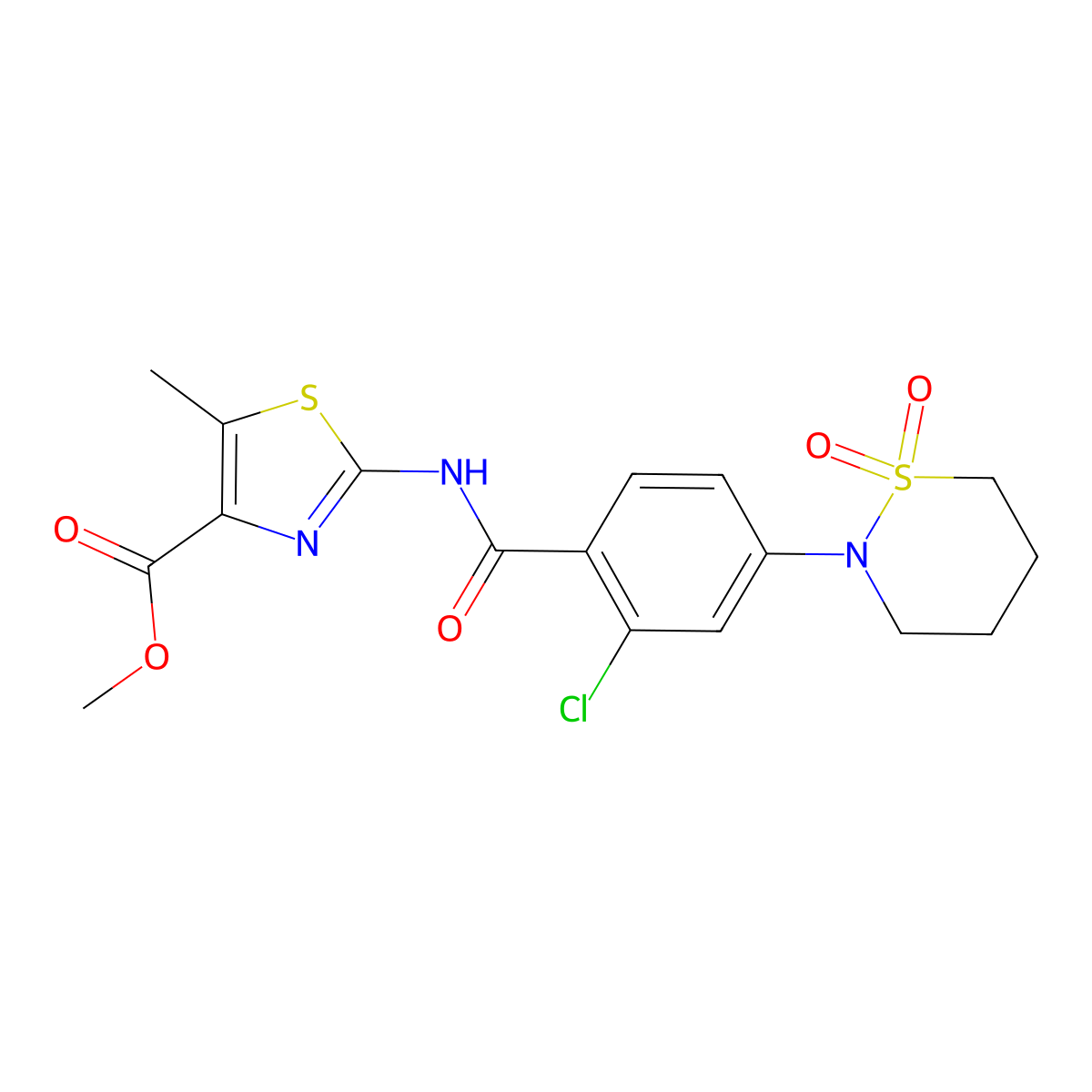 Methyl 2-({[2-chloro-4-(1,1-dioxido-1,2-thiazinan-2-yl)phenyl]carbonyl}amino)-5-methyl-1,3-thiazole-4-carboxylate molecular structure, CAS 1401592-41-3