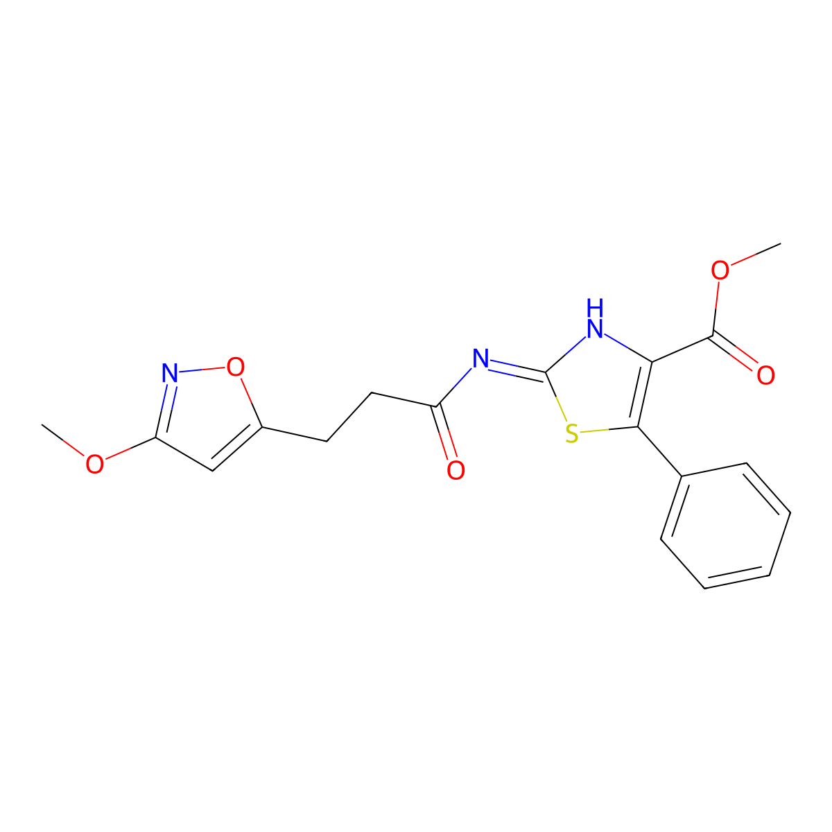 Methyl 2-{[3-(3-methoxy-1,2-oxazol-5-yl)propanoyl]amino}-5-phenyl-1,3-thiazole-4-carboxylate molecular structure, CAS 1401592-42-4