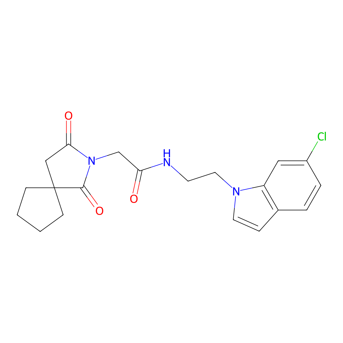 N-[2-(6-chloro-1H-indol-1-yl)ethyl]-2-(1,3-dioxo-2-azaspiro[4.4]non-2-yl)acetamide molecular structure, CAS 1401593-10-9