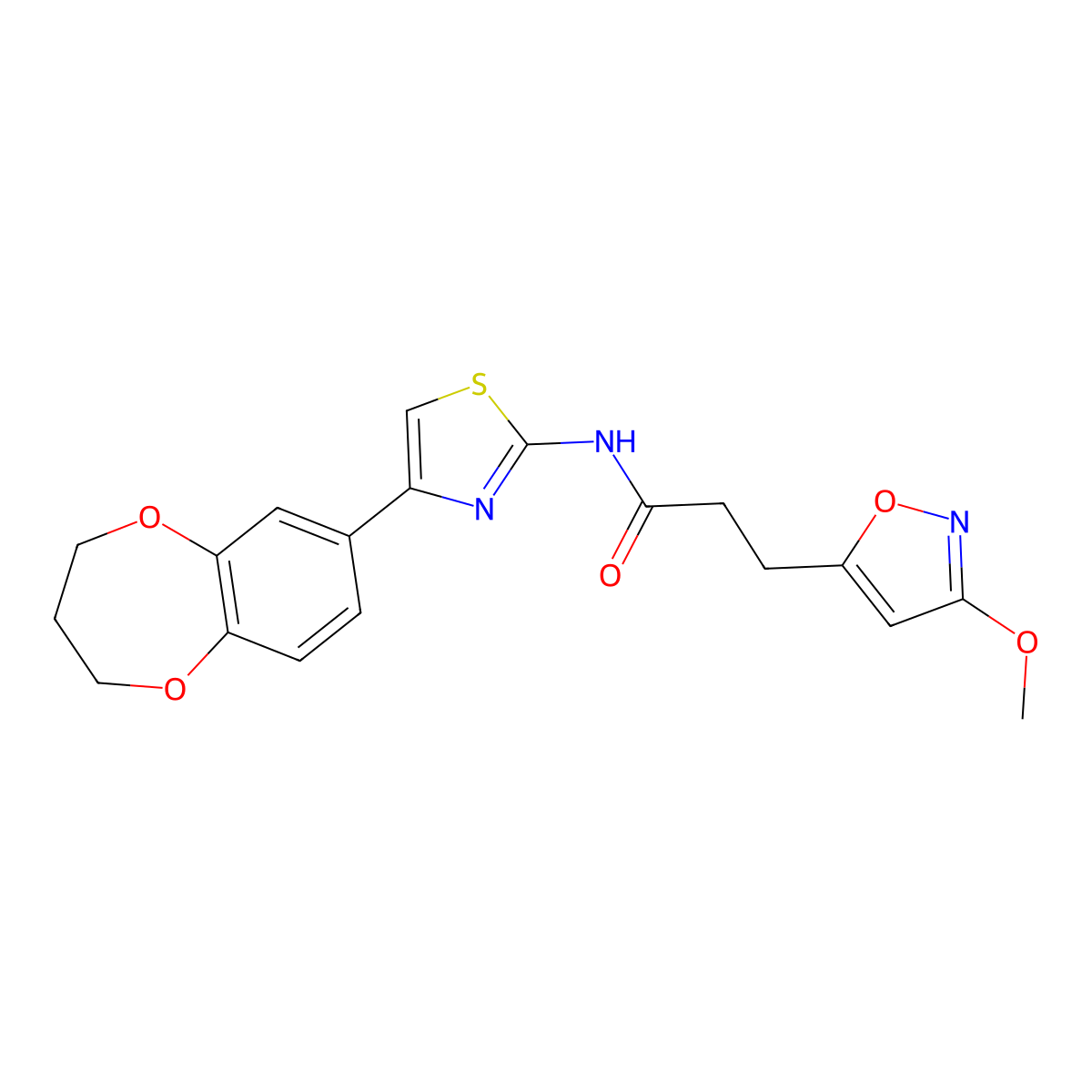 N-(4-(3,4-dihydro-2H-benzo[b][1,4]dioxepin-7-yl)thiazol-2-yl)-3-(3-methoxyisoxazol-5-yl)propanamide molecular structure, CAS 1401593-33-6